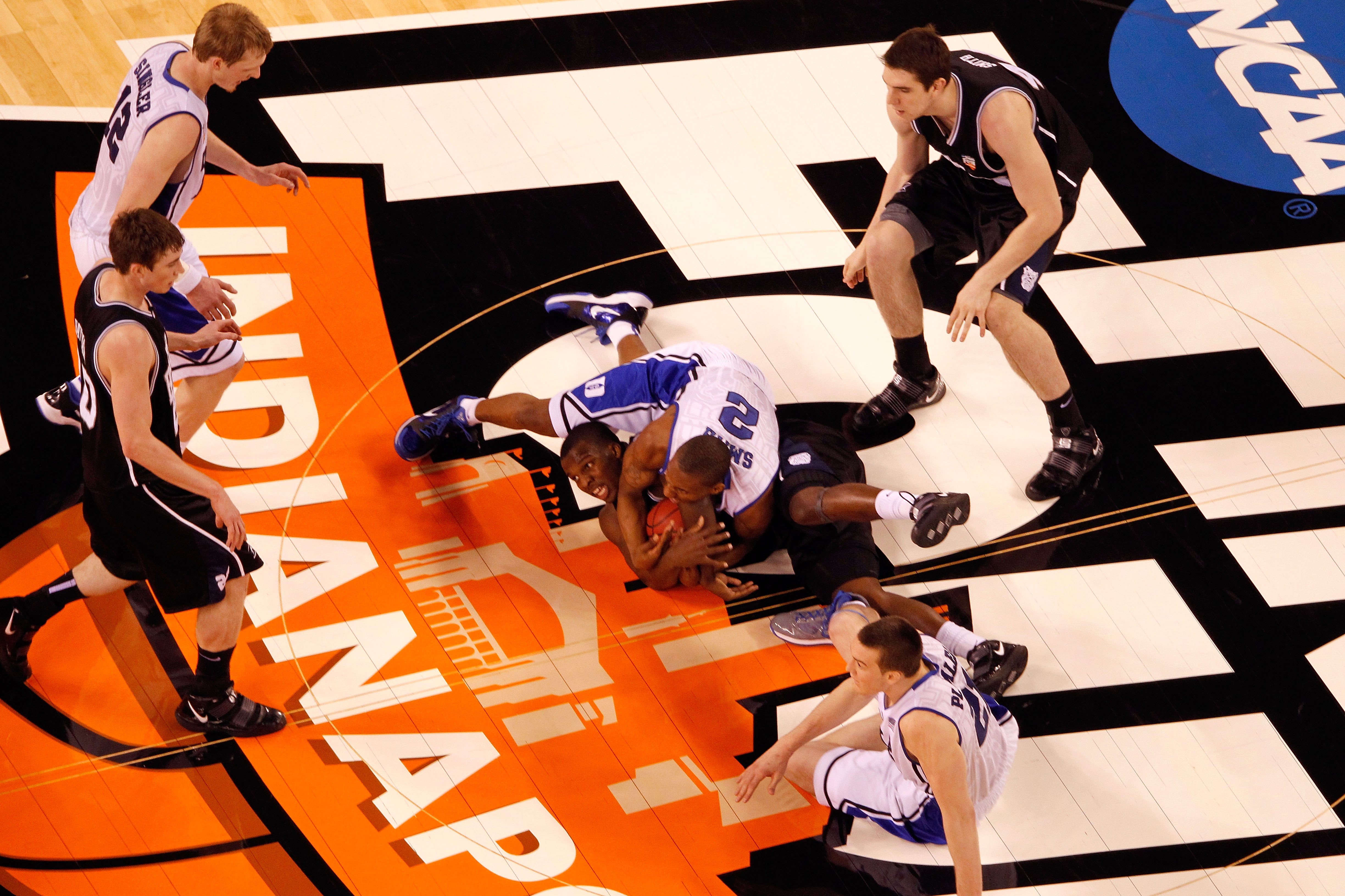 INDIANAPOLIS - APRIL 05: Shelvin Mack #1 of the Butler Bulldogs attempts to control the ball against Nolan Smith #2 of the Duke Blue Devils during the 2010 NCAA Division I Men's Basketball National Championship game at Lucas Oil Stadium on April 5, 2010