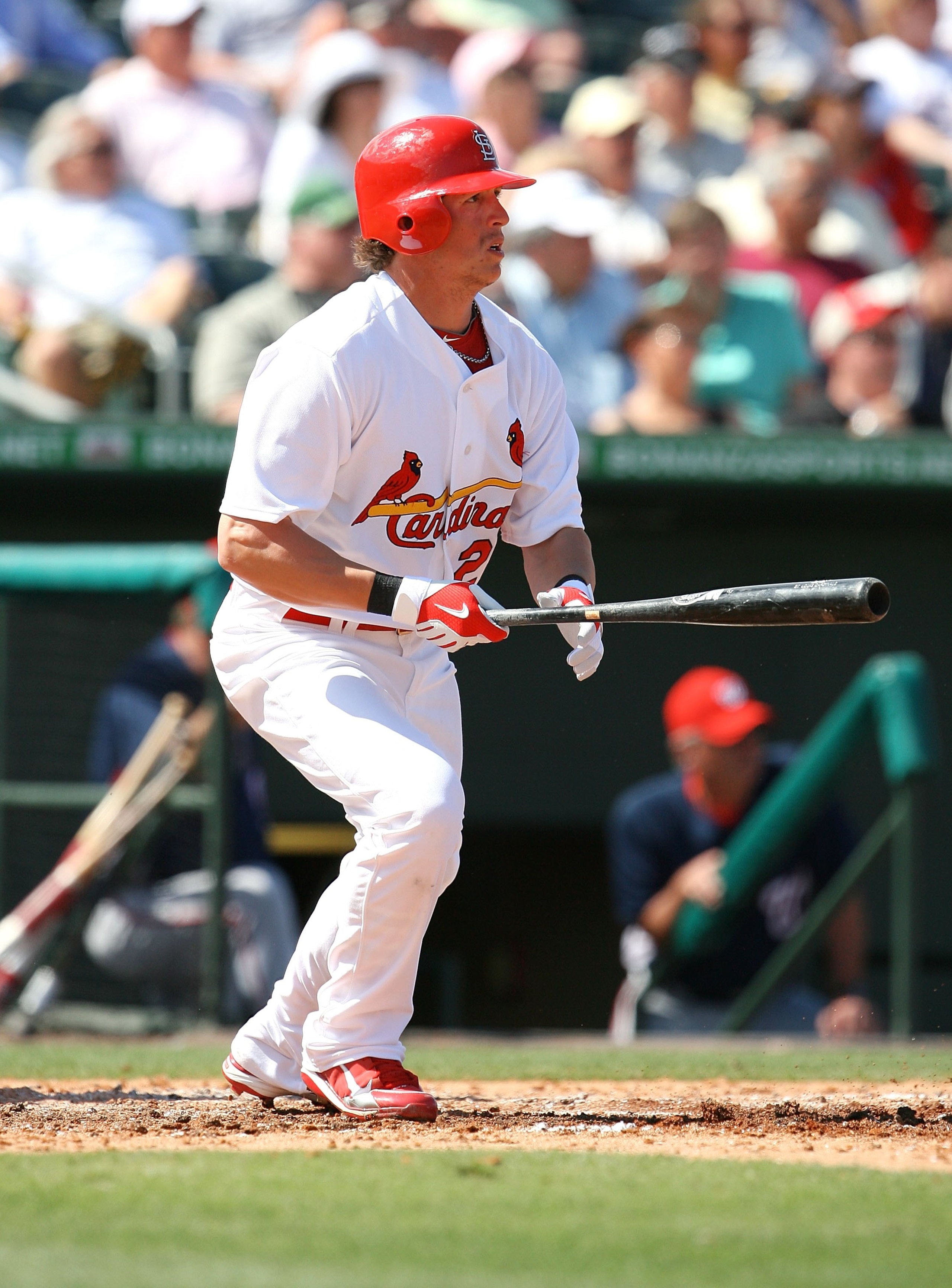JUPITER, FL - MARCH 10:  Centerfielder Colby Rasmus #28 of the St Louis Cardinals hits against the Washington Nationals at Roger Dean Stadium on March 10, 2010 in Jupiter, Florida.  (Photo by Doug Benc/Getty Images)