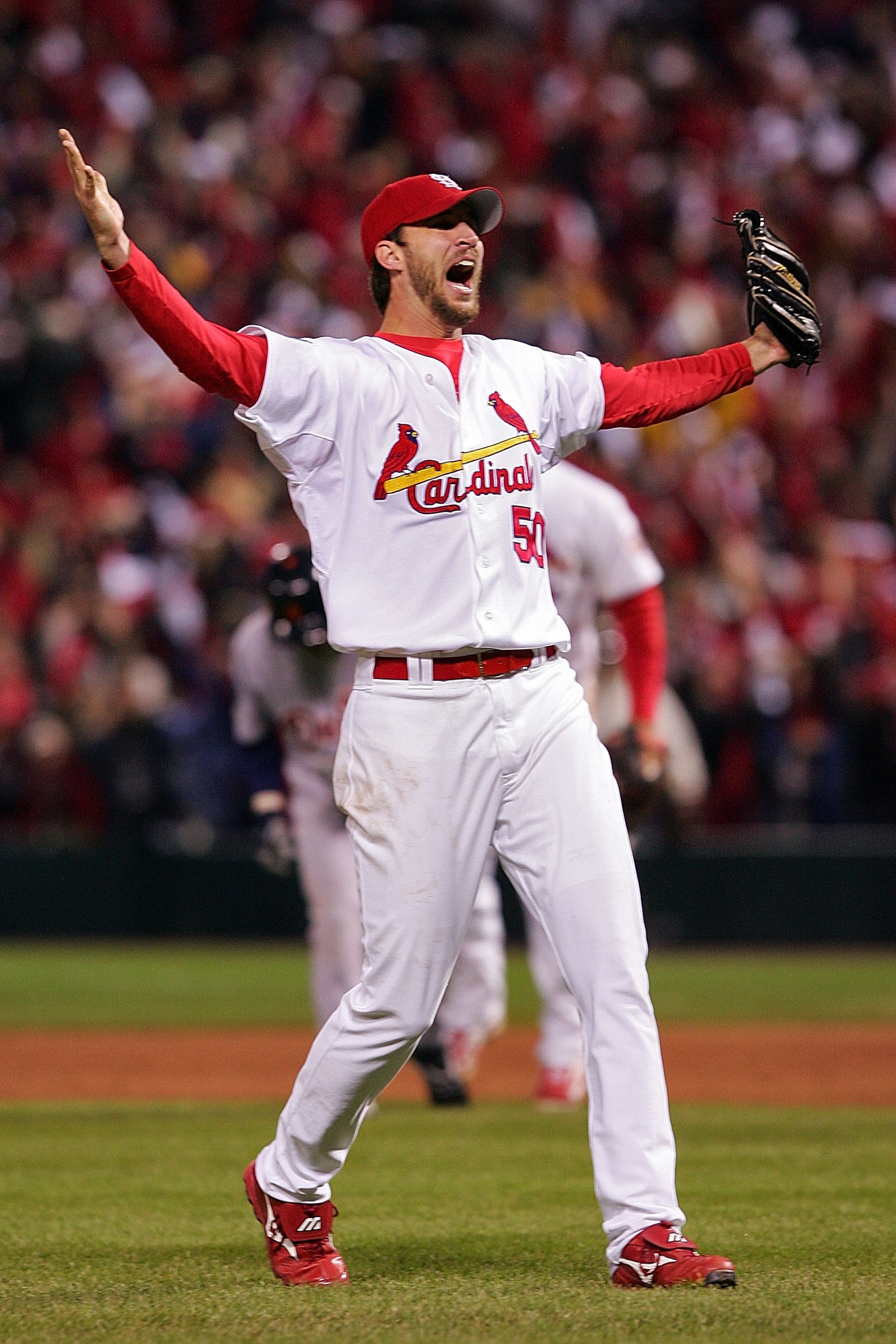 ST LOUIS, MO - OCTOBER 27: Pitcher Adam Wainwright #50 of the St. Louis Cardinals celebrates after defeating the Detroit Tigers in Game Five of the 2006 World Series on October 27, 2006 at Busch Stadium in St. Louis, Missouri. The Cardinals defeated the ST LOUIS, MO - OCTOBER 27: Pitcher Adam Wainwright #50 of the St. Louis Cardinals celebrates after defeating the Detroit Tigers in Game Five of the 2006 World Series on October 27, 2006 at Busch Stadium in St. Louis, Missouri. The Cardinals defeated the