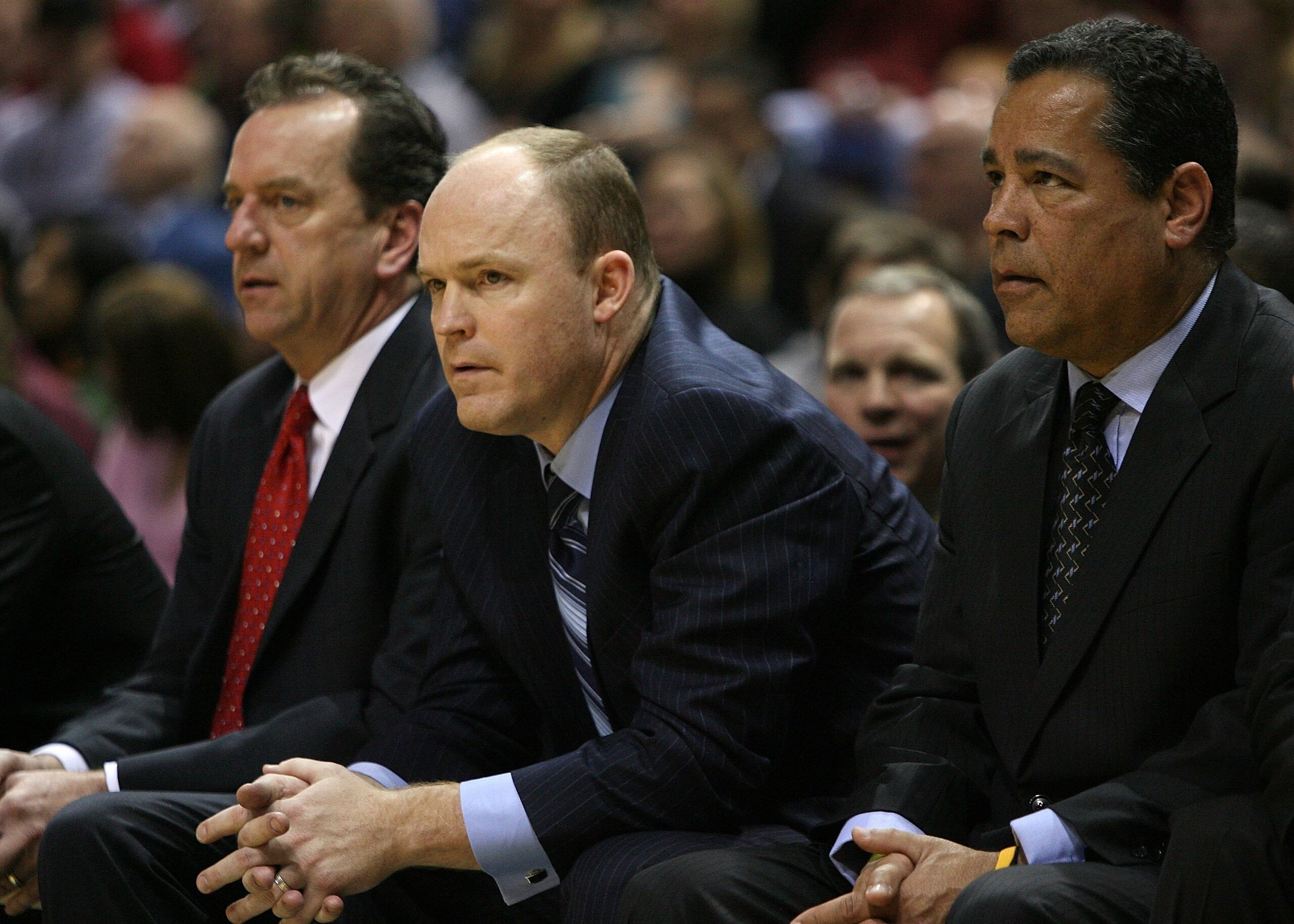 MILWAUKEE - FEBRUARY 18: (L-R) Coaches Jim Boylan, Scott Skiles and Kelvin Sampson of the Milwaukee Bucks watch as their team takes on the Chicago Bulls on February 18, 2009 at the Bradley Center in Milwaukee, Wisconsin. The Bulls defeated the Bucks 113-1