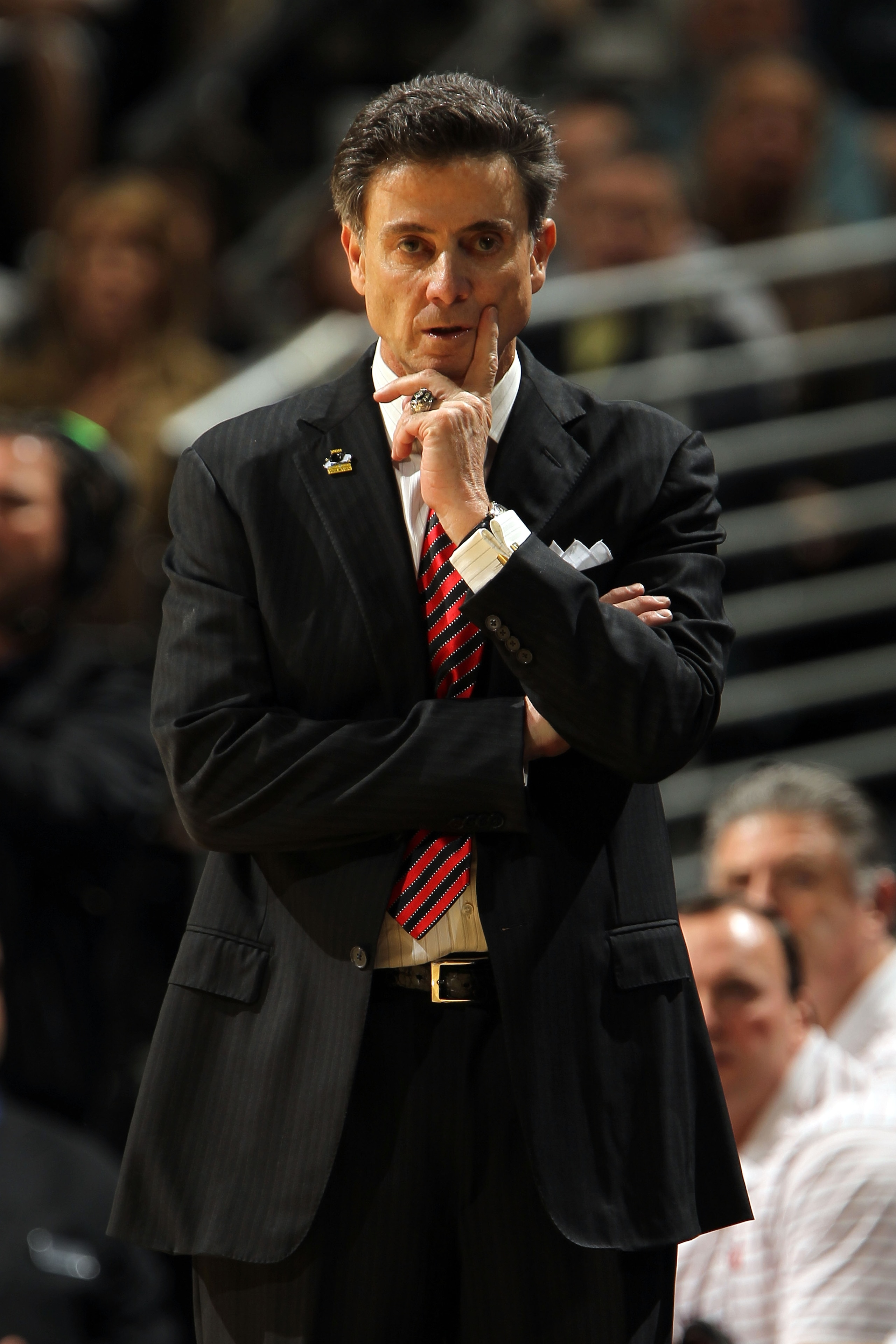 DENVER, CO - MARCH 17:  Head coach Rick Pitino of the Louisville Cardinals looks on from the sidelines against the Morehead State Eagles during the second round of the 2011 NCAA men's basketball tournament at Pepsi Center on March 17, 2011 in Denver, Colo