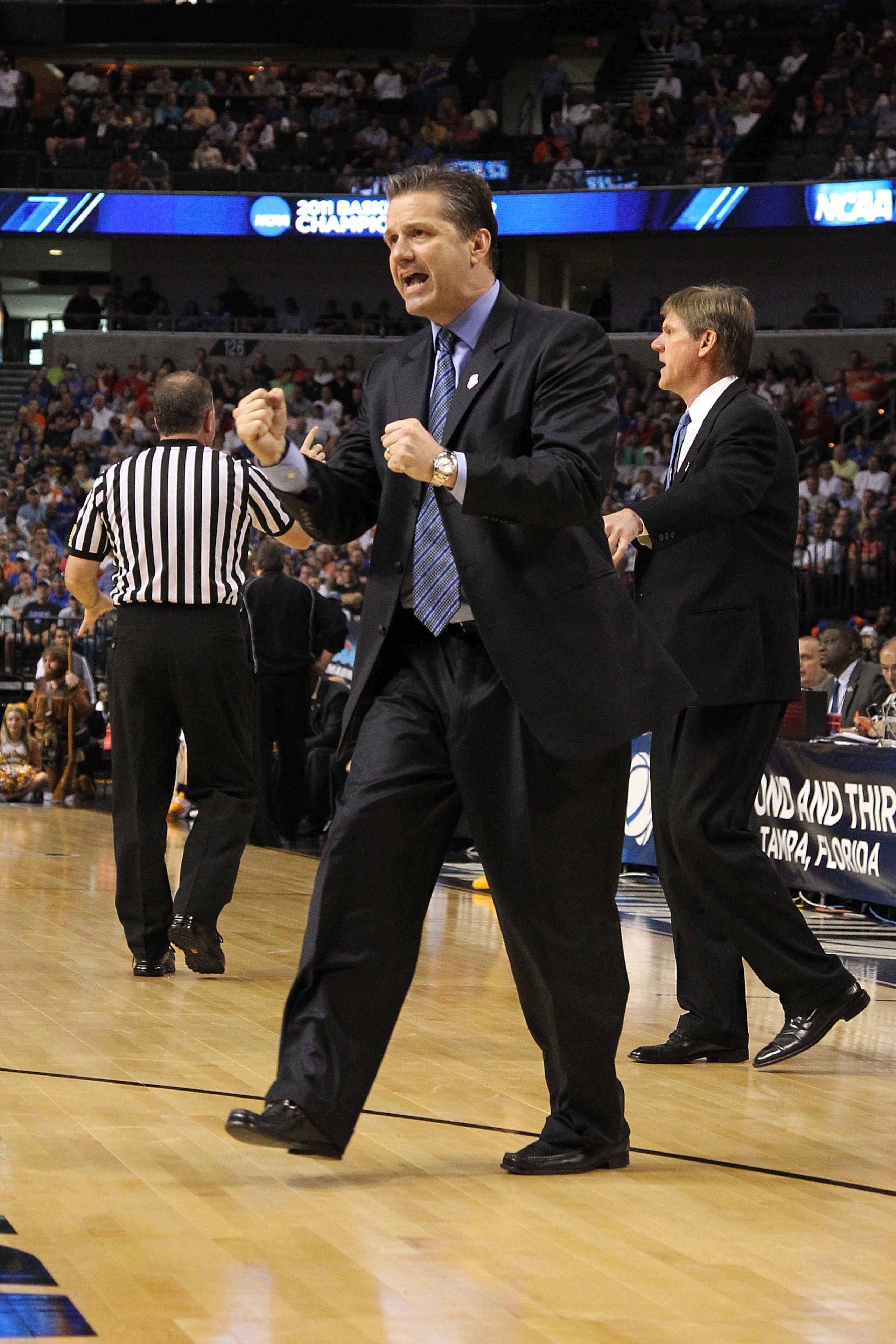TAMPA, FL - MARCH 19:  Head coach John Calipari of the Kentucky Wildcats reacts against the West Virginia Mountaineers during the third round of the 2011 NCAA men's basketball tournament at St. Pete Times Forum on March 19, 2011 in Tampa, Florida.  (Photo