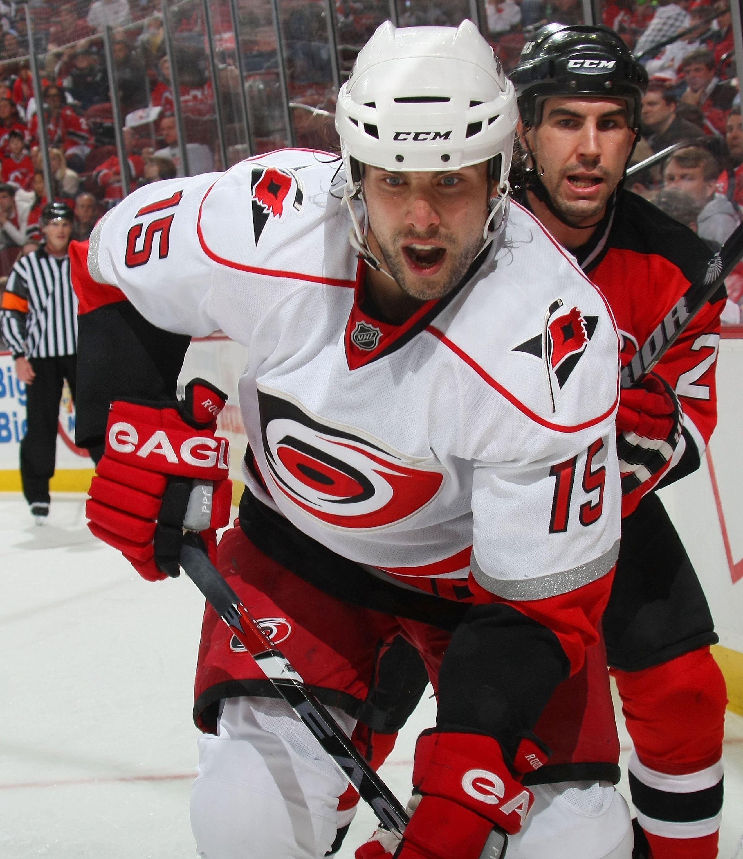 NEWARK, NJ - APRIL 15: Tuomo Ruutu #15 of the Carolina Hurricanes skates against the New Jersey Devils during game one of the 2009 NHL Eastern Conference Quarterfinals at Prudential Center on April 15, 2009 in Newark, New Jersey. (Photo by Bruce Bennett/G