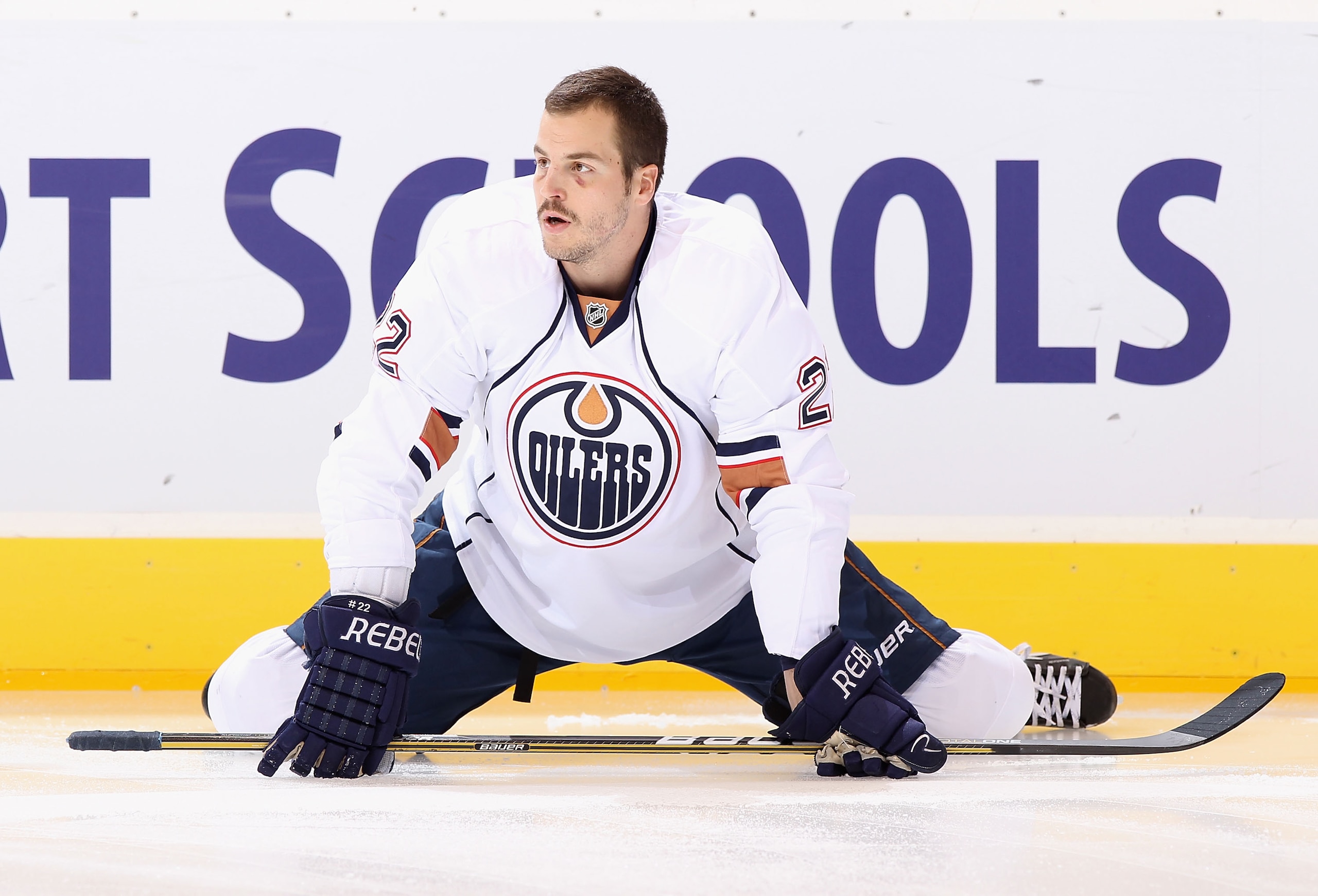 GLENDALE, AZ - NOVEMBER 23:  Jean-Francois Jacques #22 of the Edmonton Oilers warms up before the NHL game against the Phoenix Coyotes at Jobing.com Arena on November 23, 2010 in Glendale, Arizona.  The Coyotes defeated the Oilers 5-0.  (Photo by Christia