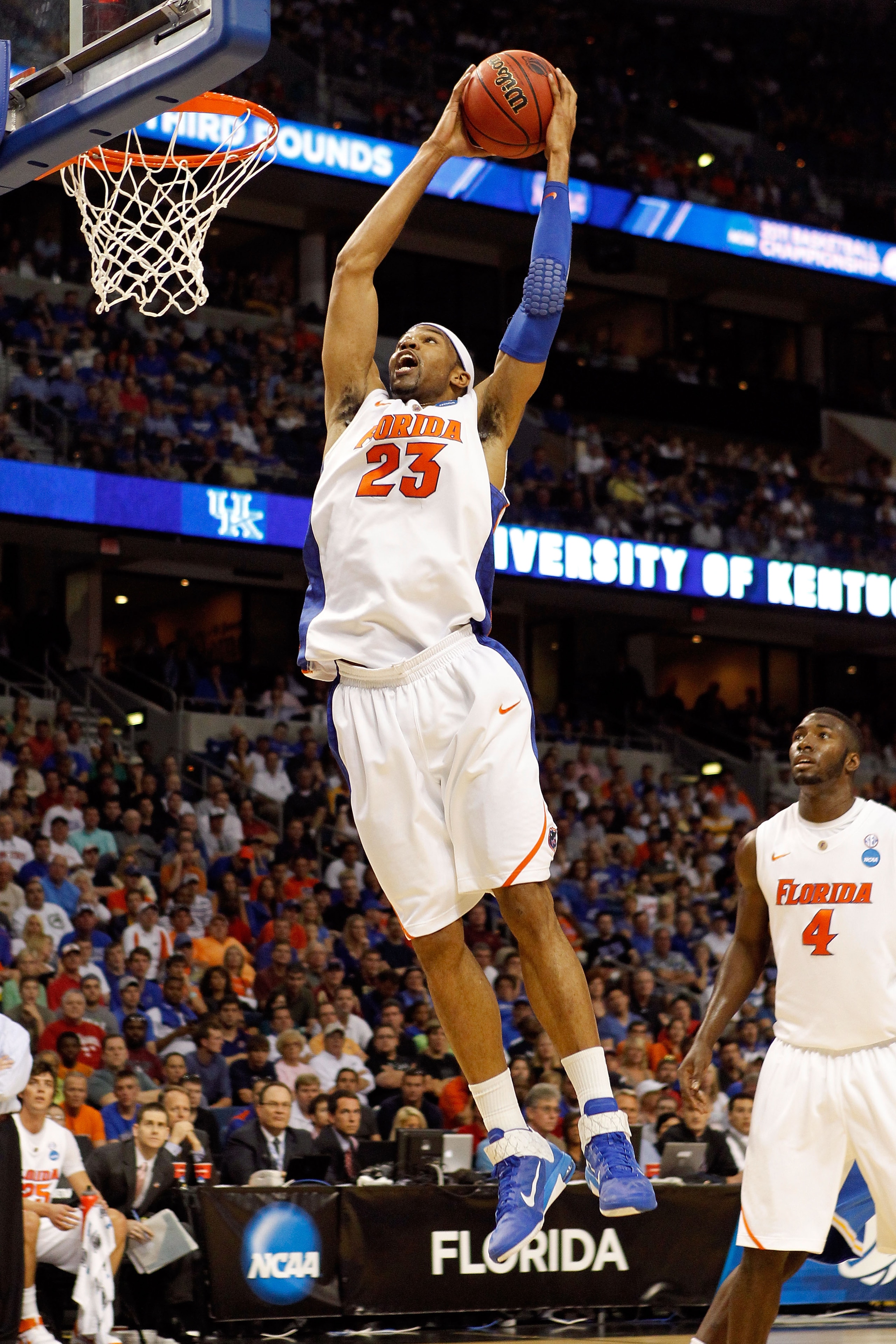 TAMPA, FL - MARCH 19:  Alex Tyus #23 of the Florida Gators grabs a rebound agains the UCLA Bruins during the third round of the 2011 NCAA men's basketball tournament at St. Pete Times Forum on March 19, 2011 in Tampa, Florida. Florida won 73-65. (Photo by