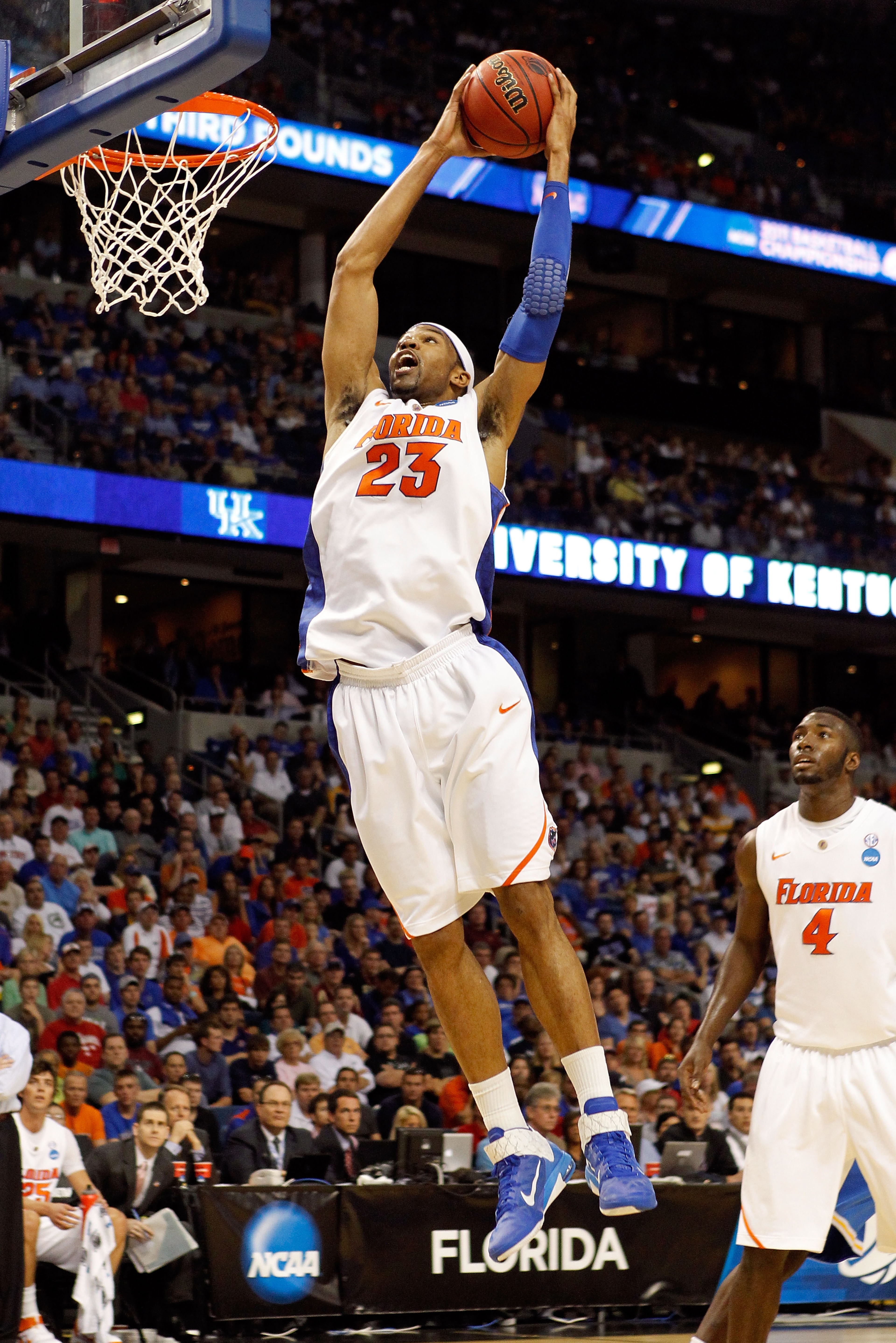TAMPA, FL - MARCH 19:  Alex Tyus #23 of the Florida Gators grabs a rebound agains the UCLA Bruins during the third round of the 2011 NCAA men's basketball tournament at St. Pete Times Forum on March 19, 2011 in Tampa, Florida. Florida won 73-65. (Photo by