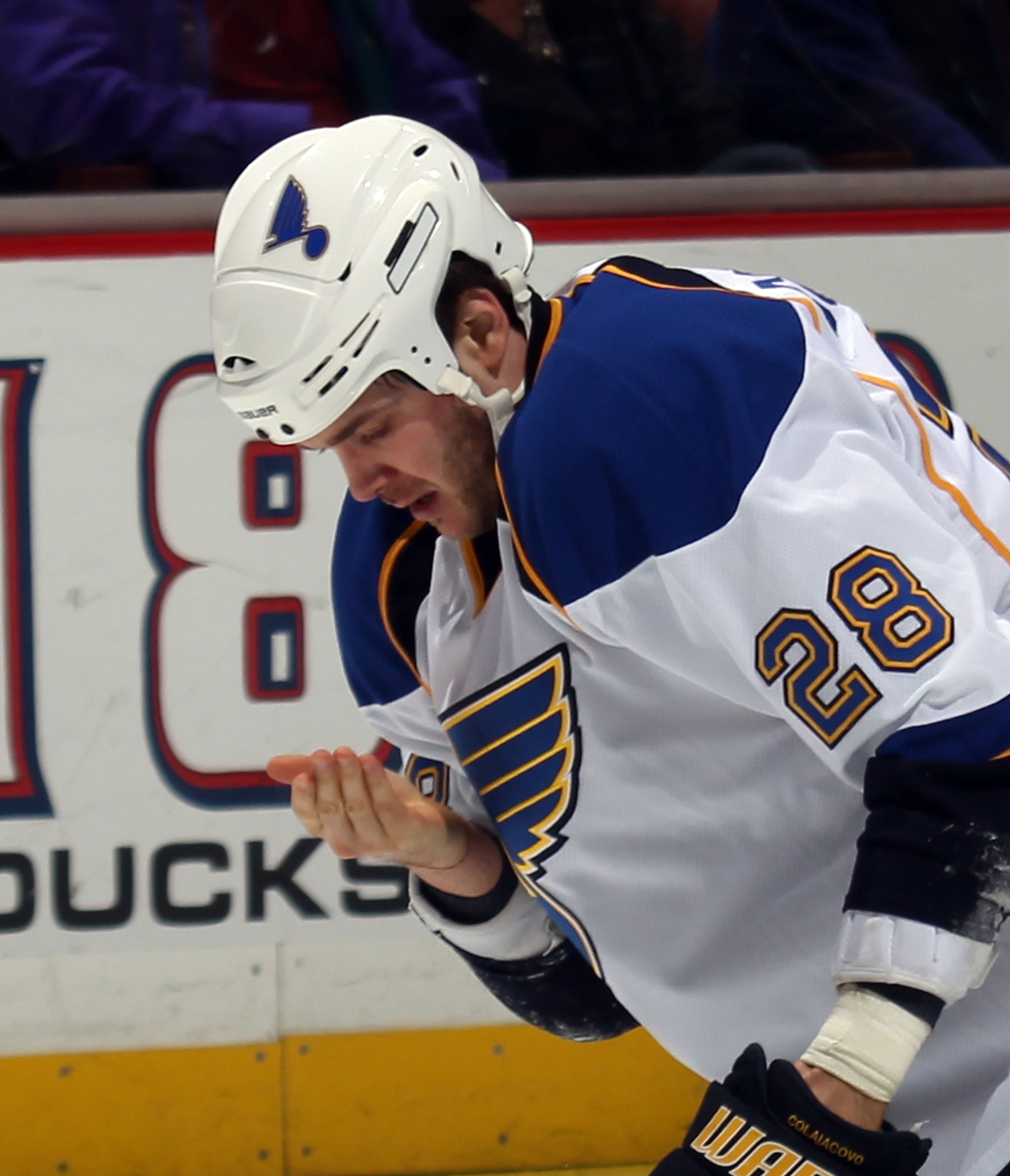 ANAHEIM, CA - JANUARY 12: Carlo Colaiacovo #28 of the St. Louis Blues skates against the Anaheim Ducks at the Honda Center on January 12, 2011 in Anaheim, California.  (Photo by Bruce Bennett/Getty Images)