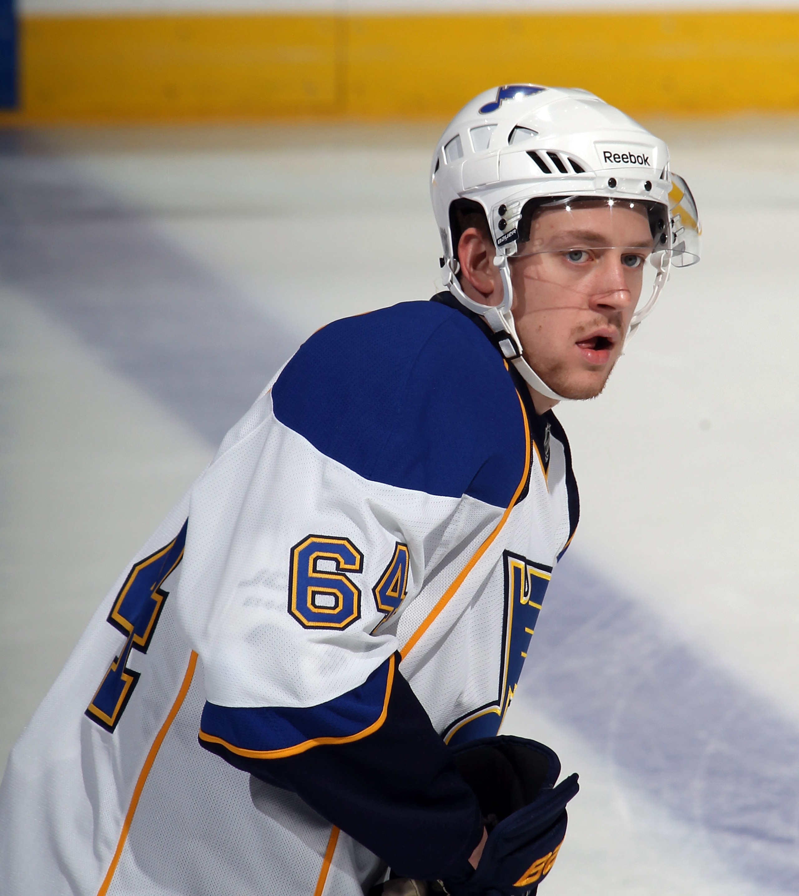 UNIONDALE, NY - MARCH 05:  Nikita Nikitin #64 of the St. Louis Blues skates against the New York Islanders at the Nassau Coliseum on March 5, 2011 in Uniondale, New York.  (Photo by Bruce Bennett/Getty Images)