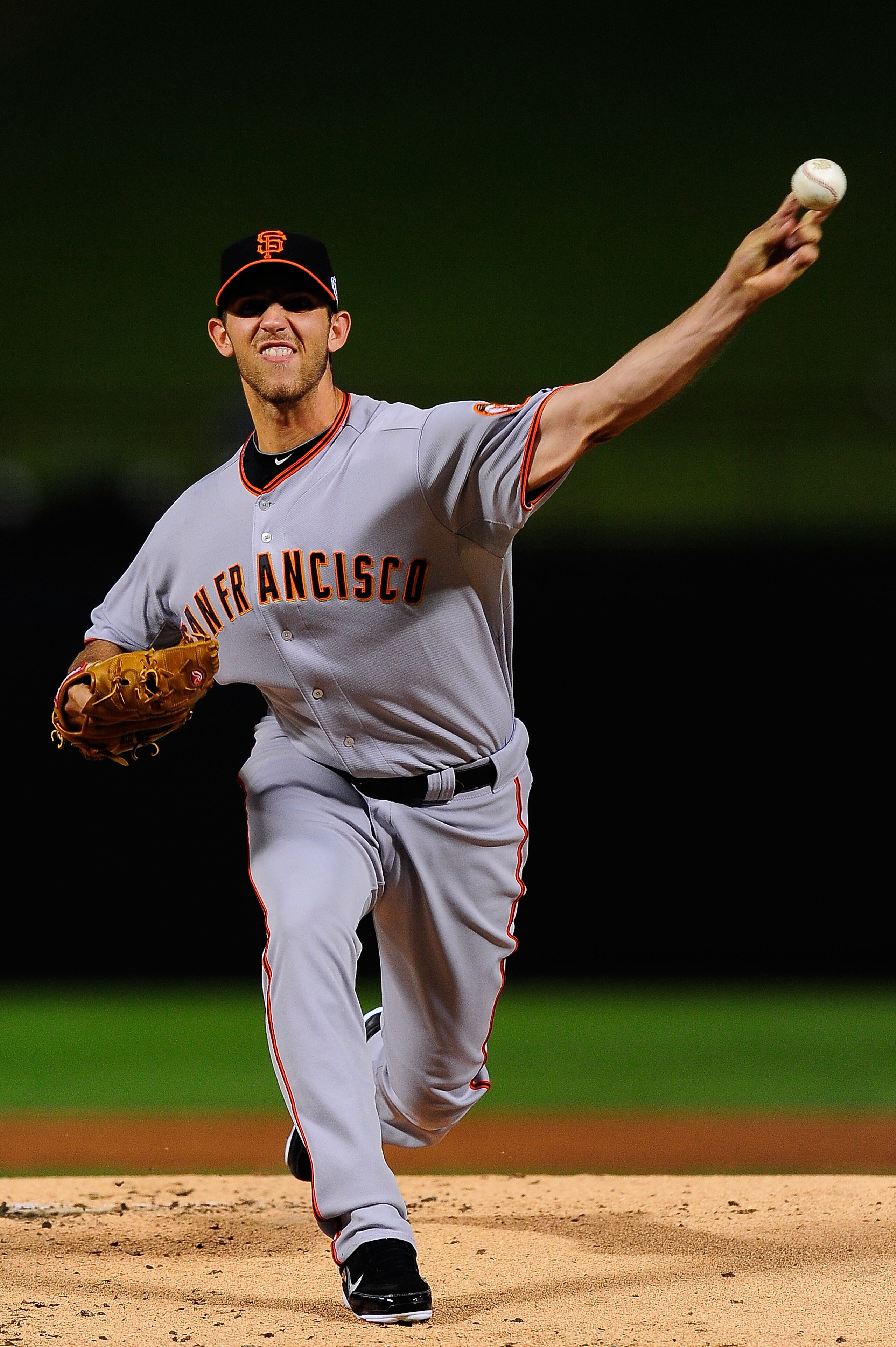 ARLINGTON, TX - OCTOBER 31:  Starting pitcher Madison Bumgarner #40 of the San Francisco Giants pitches against the Texas Rangers in Game Four of the 2010 MLB World Series at Rangers Ballpark in Arlington on October 31, 2010 in Arlington, Texas.  (Photo b