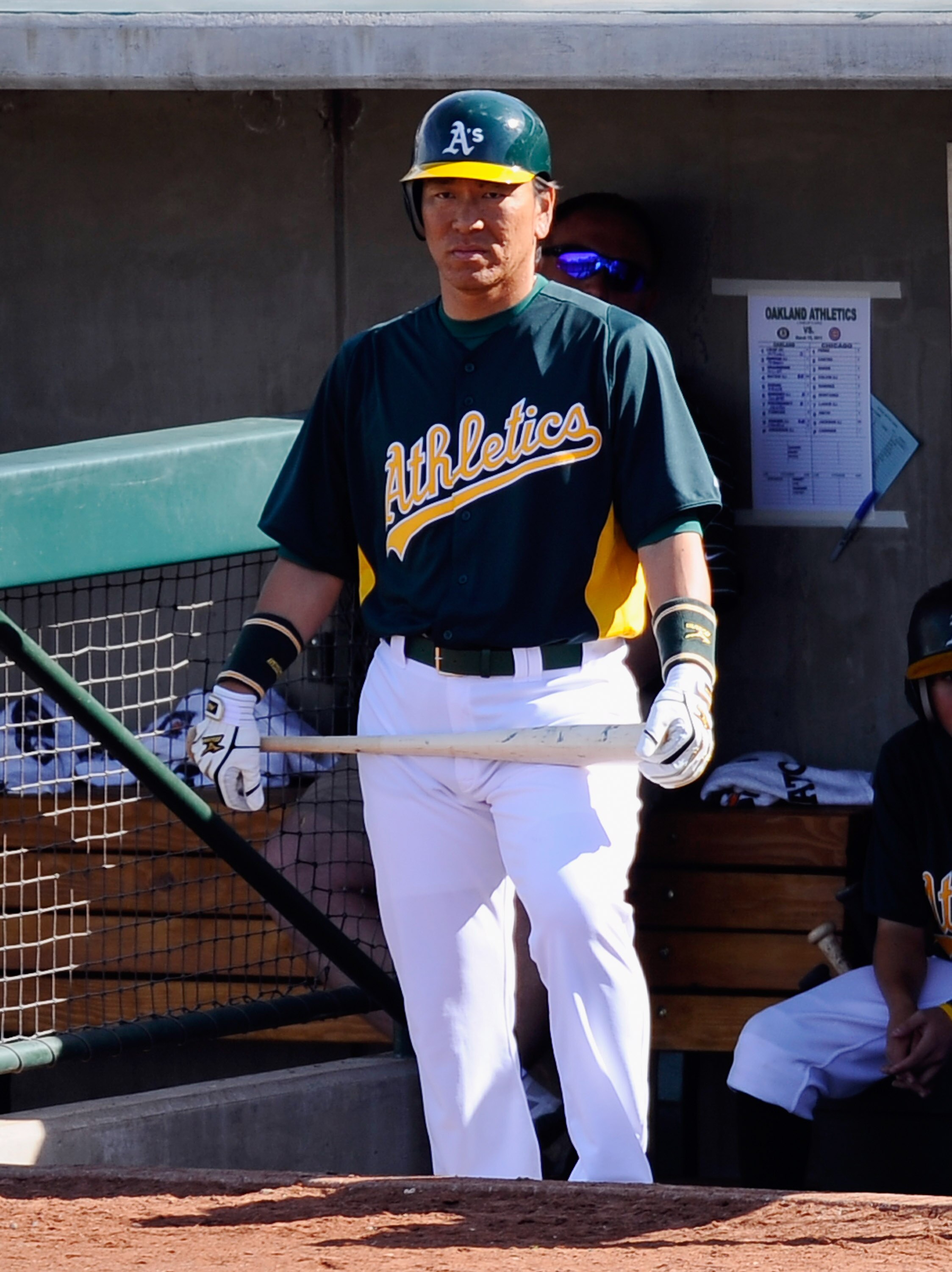 PHOENIX, AZ - MARCH 15:  Hideki Matsui #55 of the Oakland Athletics during the spring training baseball game against the Chicago Cubs at Phoenix Municipal Stadium on March 15, 2011 in Phoenix, Arizona.  (Photo by Kevork Djansezian/Getty Images)