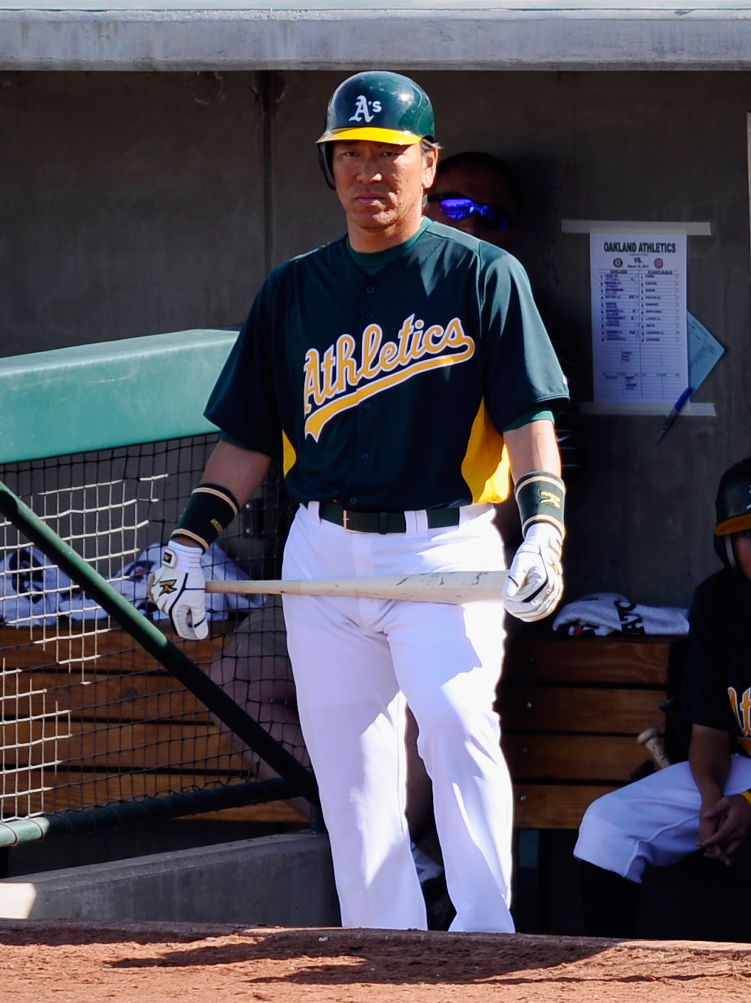 PHOENIX, AZ - MARCH 15:  Hideki Matsui #55 of the Oakland Athletics during the spring training baseball game against the Chicago Cubs at Phoenix Municipal Stadium on March 15, 2011 in Phoenix, Arizona.  (Photo by Kevork Djansezian/Getty Images)