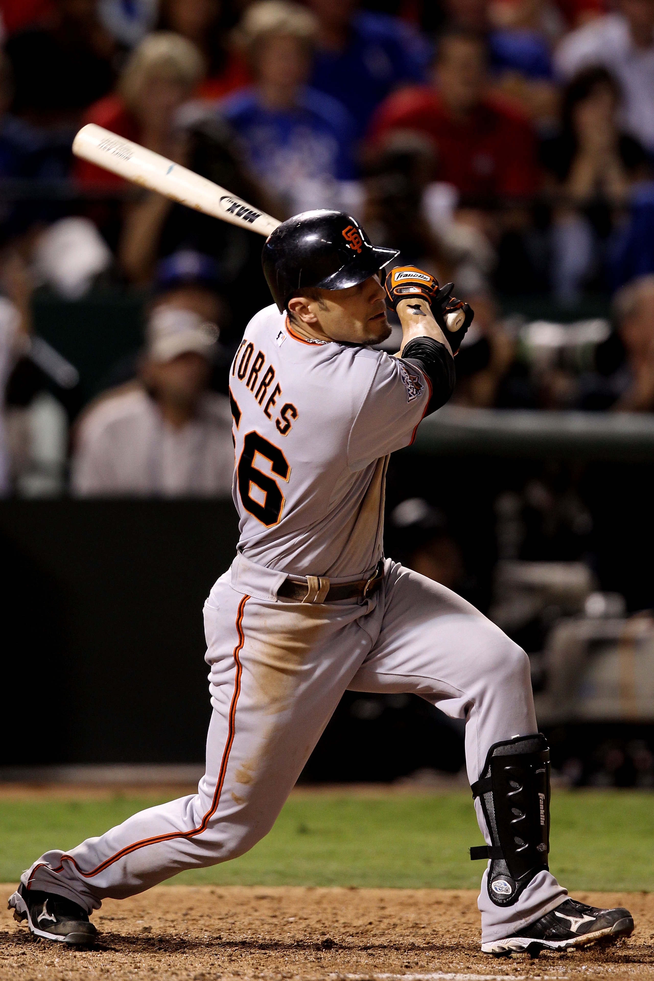 ARLINGTON, TX - OCTOBER 31:  Andres Torres #56 of the San Francisco Giants hits a RBI double in the top of the seventh inning the Texas Rangers in Game Four of the 2010 MLB World Series at Rangers Ballpark in Arlington on October 31, 2010 in Arlington, Te
