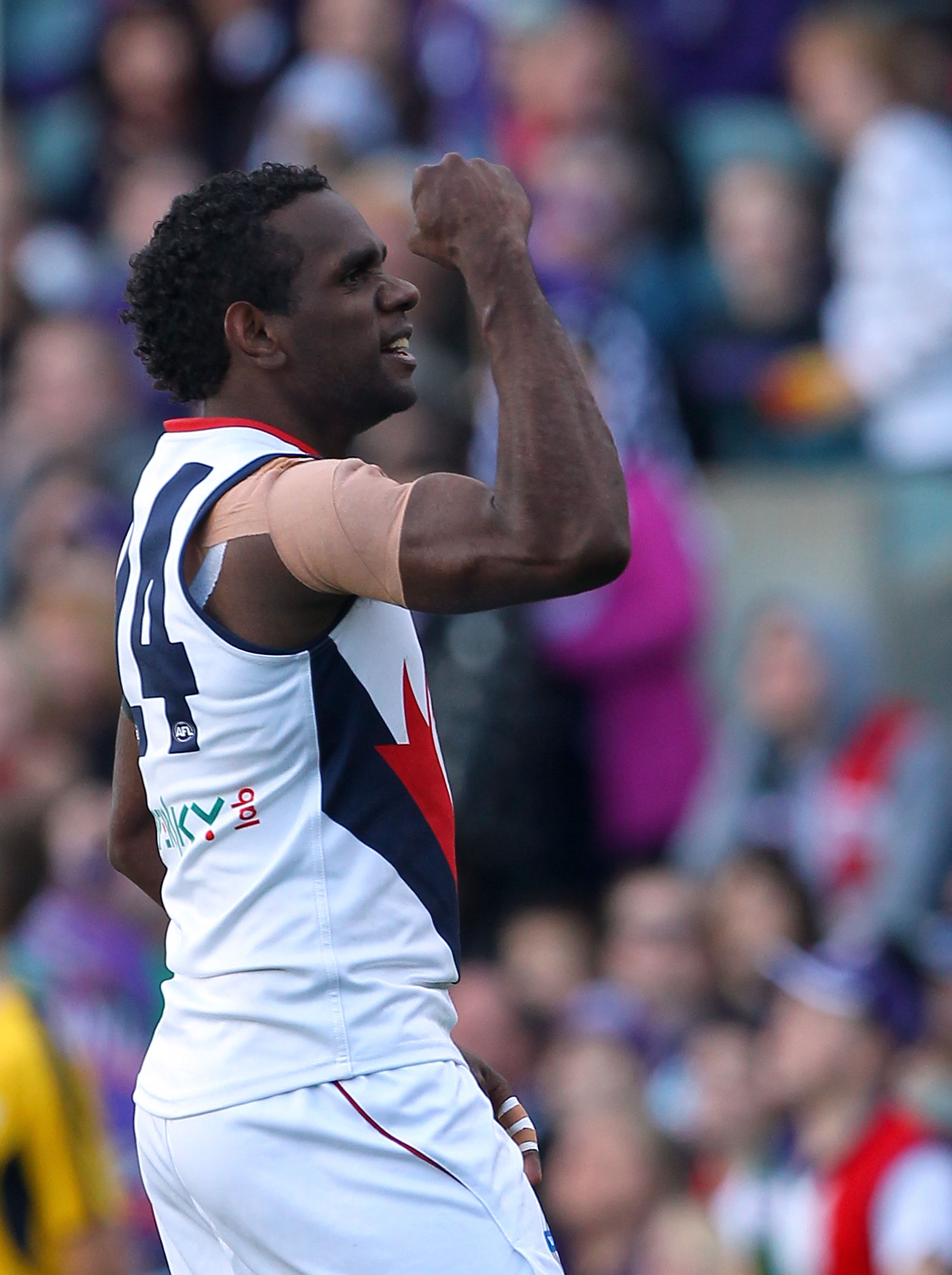 PERTH, AUSTRALIA - JULY 18: Liam Jurrah of the Demons celebrates a goal during the round 16 AFL match between the Fremantle Dockers and the Melbourne Demons at Subiaco Oval on July 18, 2010 in Perth, Australia. (Photo by Paul Kane/Getty Images)