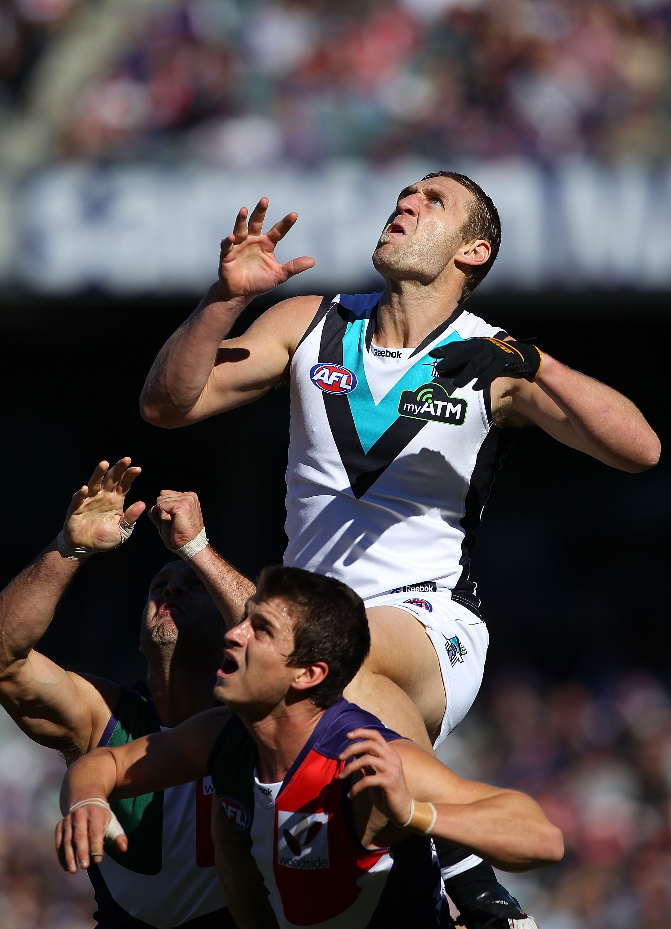 PERTH, AUSTRALIA - JULY 03: Jay Schulz of the Power flys for a mark during the round 14 AFL match between the Fremantle Dockers and the Port Adelaide Power at Subiaco Oval on July 3, 2010 in Perth, Australia. (Photo by Paul Kane/Getty Images)
