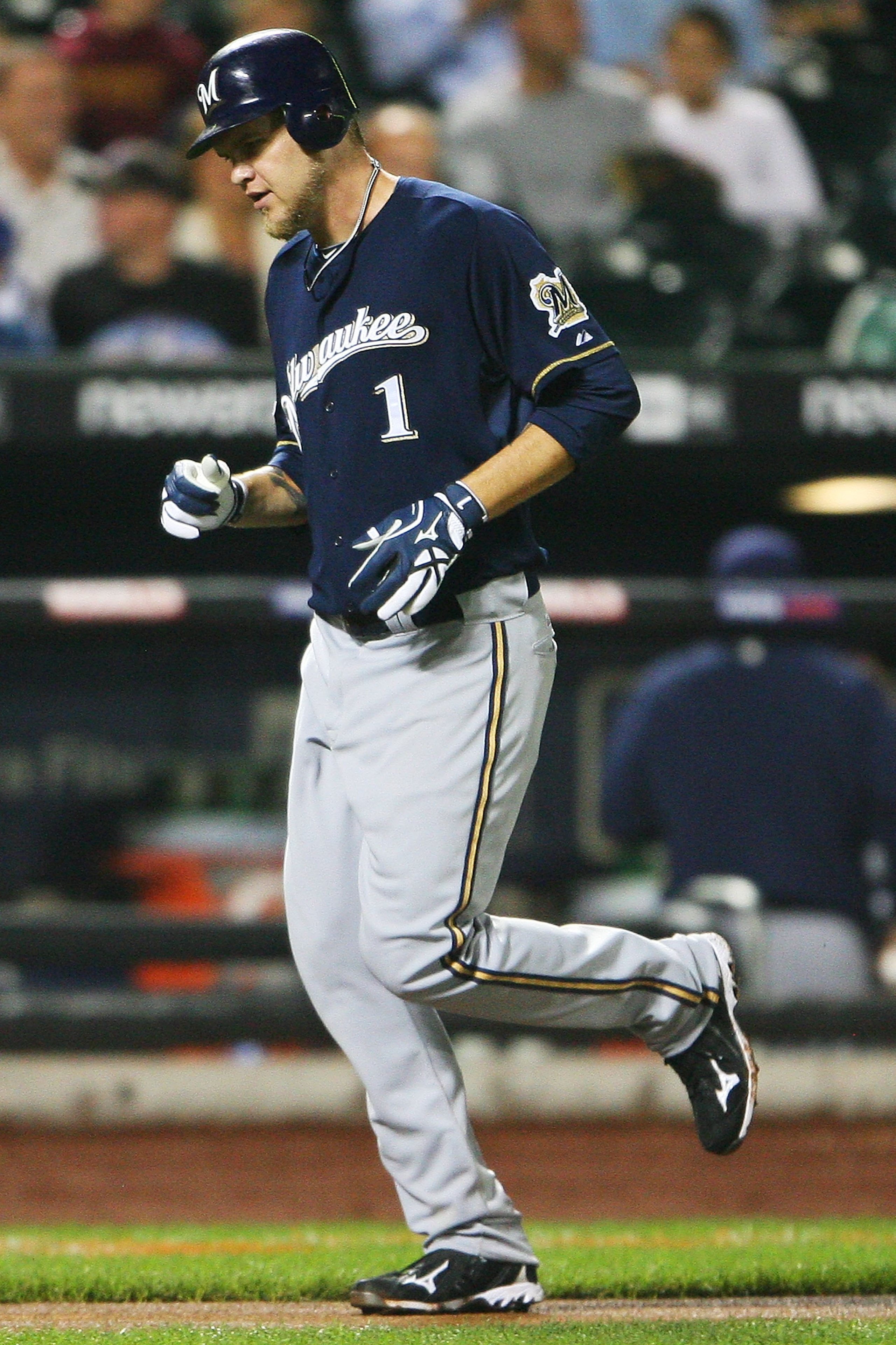NEW YORK - SEPTEMBER 28:  Corey Hart #1 of the Milwaukee Brewers runs in a home run in the sixth inning against the New York Mets on September 28, 2010 at Citi Field in the Flushing neighborhood of the Queens borough of New York City.  (Photo by Andrew Bu