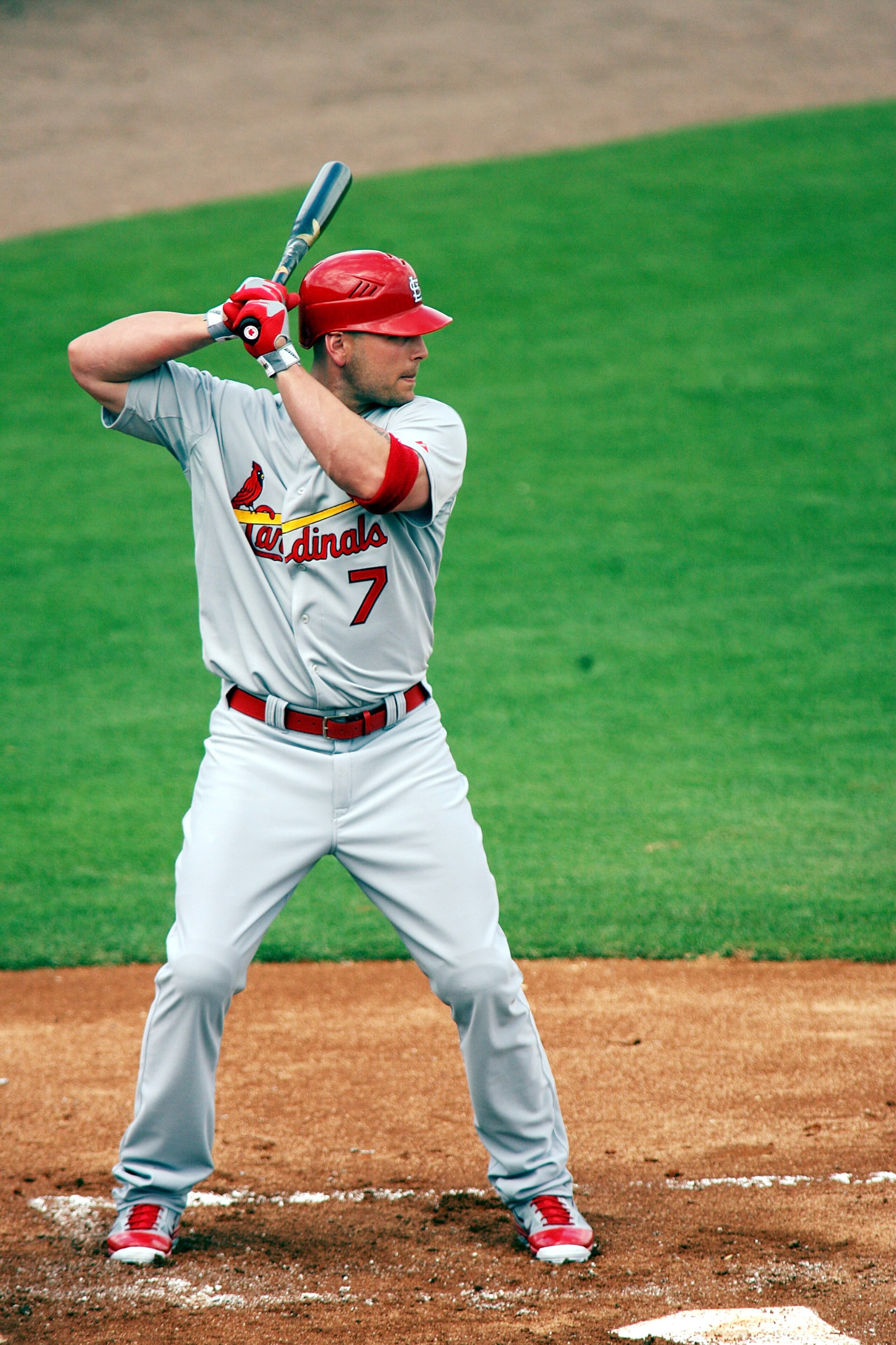 JUPITER, FL - MARCH 01:  Matt Holliday #7 of the St. Louis Cardinals bats against the Florida Marlins at Roger Dean Stadium on March 1, 2011 in Jupiter, Florida.  (Photo by Marc Serota/Getty Images)