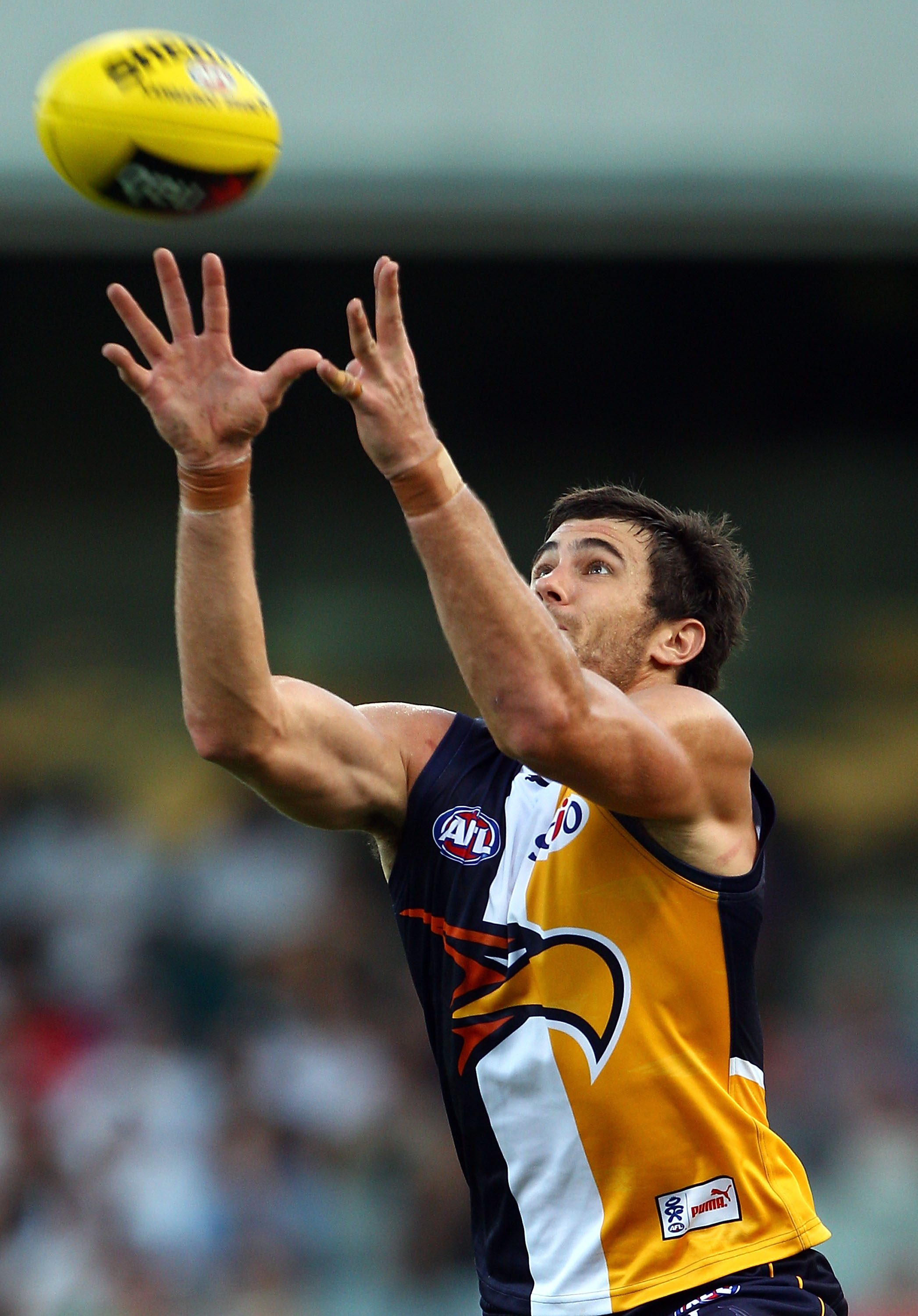 PERTH, AUSTRALIA - FEBRUARY 27: Josh Kennedy of the Eagles marks the ball during the NAB Cup Quarter Final match between the West Coast Eagles and the Gold Coast Suns at Patersons Stadium on February 27, 2011 in Perth, Australia. (Photo by Paul Kane/Get