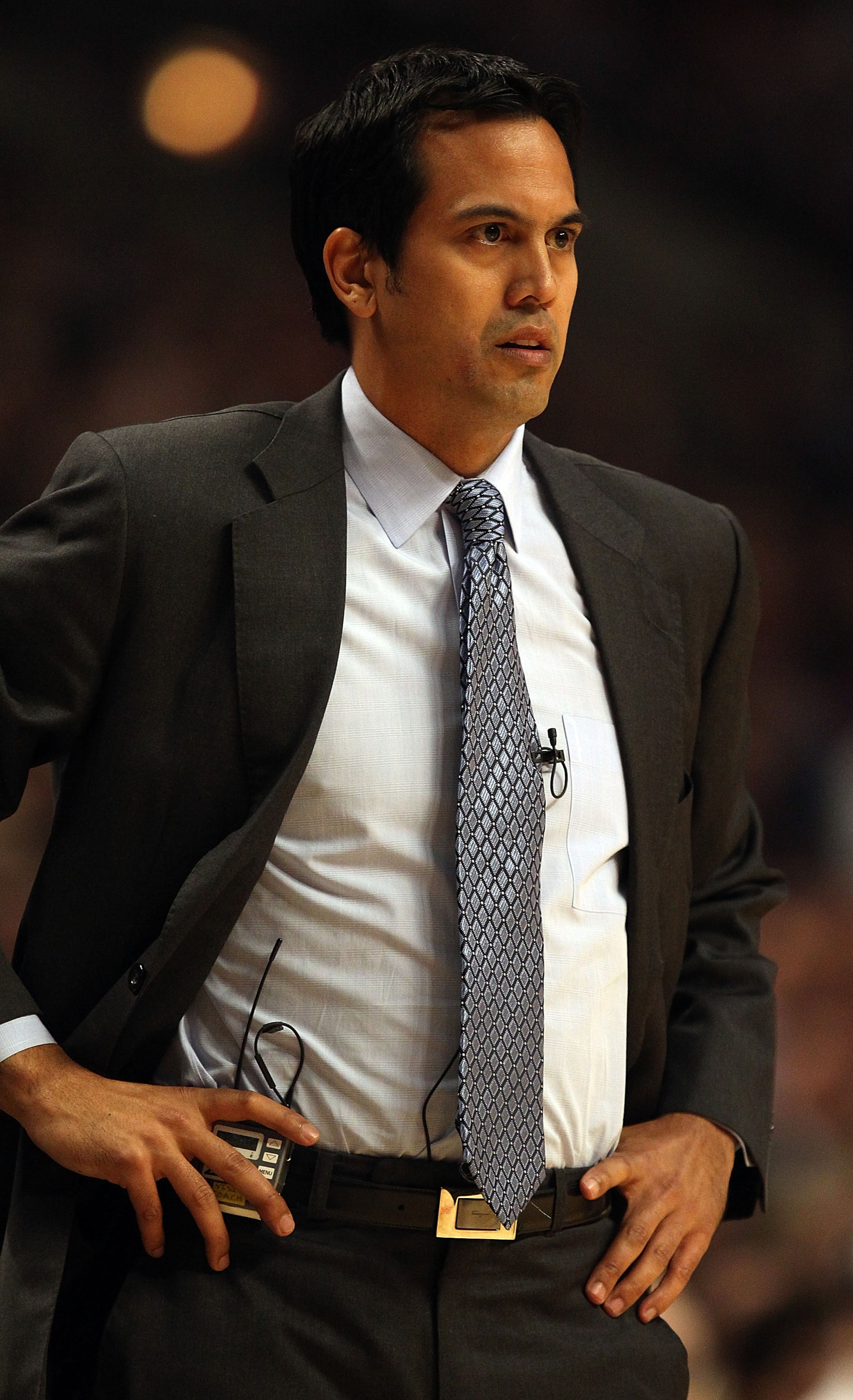 CHICAGO, IL - FEBRUARY 24: Head coach Erik Spoelstra of the Miami Heat watches as his team takes on the Chicago Bulls at the United Center on February 24, 2011 in Chicago, Illinois. The Bulls defeated the Heat 93-89. NOTE TO USER: User expressly acknowled
