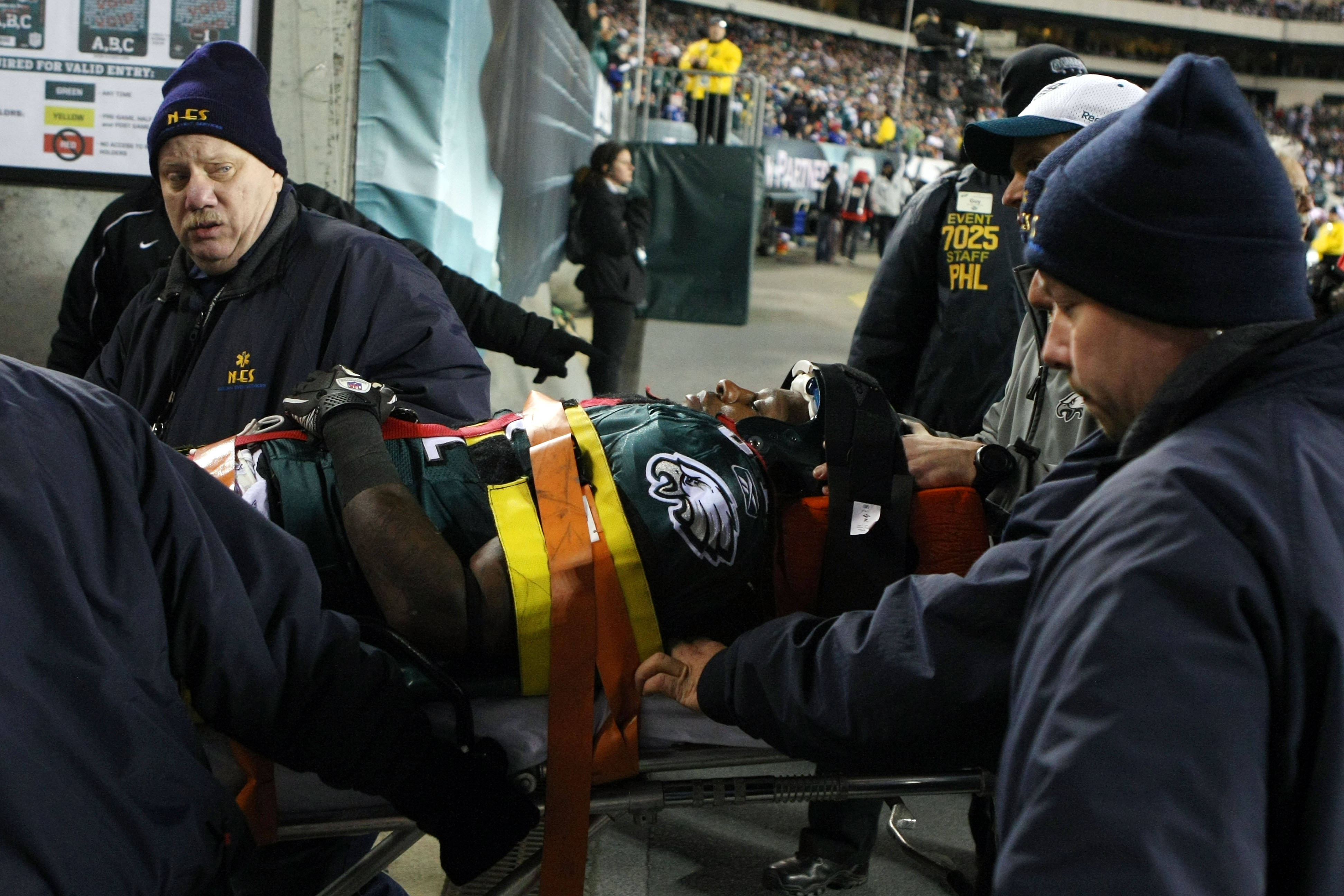 PHILADELPHIA - NOVEMBER 21:  Ellis Hobbs #31 of the Philadelphia Eagles is taken off the field on a stretcher after getting injured on a kickoff returns against the New York Giants at Lincoln Financial Field on November 21, 2010 in Philadelphia, Pennsylva