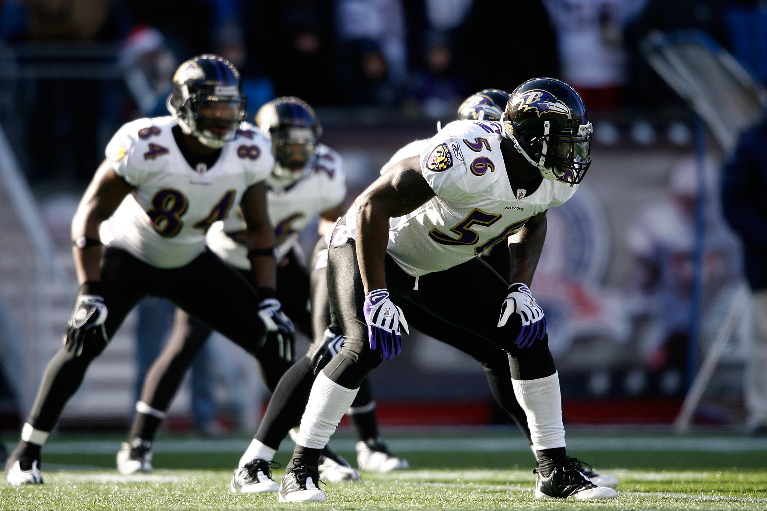 FOXBORO, MA - JANUARY 10:  Tavares Gooden #56 of the Baltimore Ravens lines up on special teams against the New England Patriots during the 2010 AFC wild-card playoff game at Gillette Stadium on January 10, 2010 in Foxboro, Massachusetts. The Ravens won 3