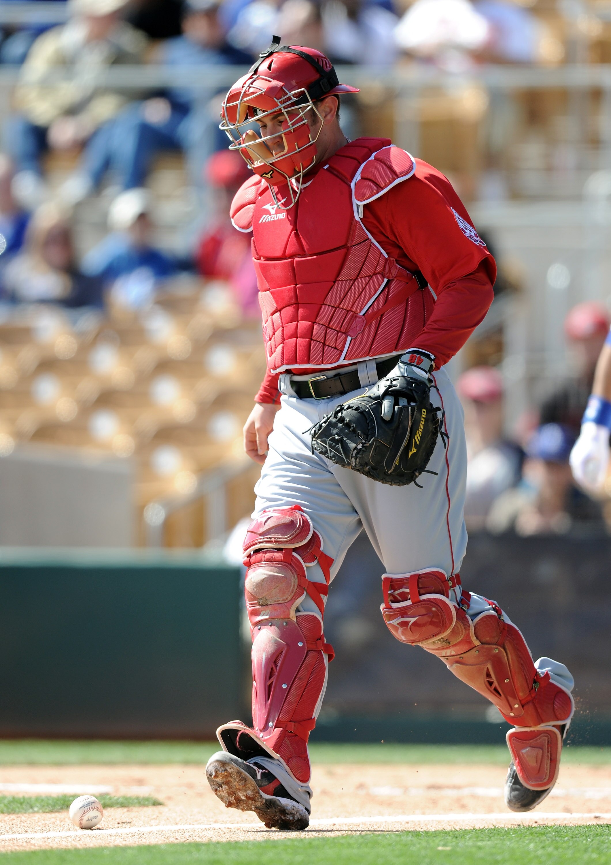 PHOENIX, AZ - FEBRUARY 27:  Bobby Wilson #46 of the Los Angeles Angels of Anaheim chases after a ball against the Los Angeles Dodgers during spring training at Camelback Ranch on February 27, 2011 in Phoenix, Arizona.  (Photo by Harry How/Getty Images)