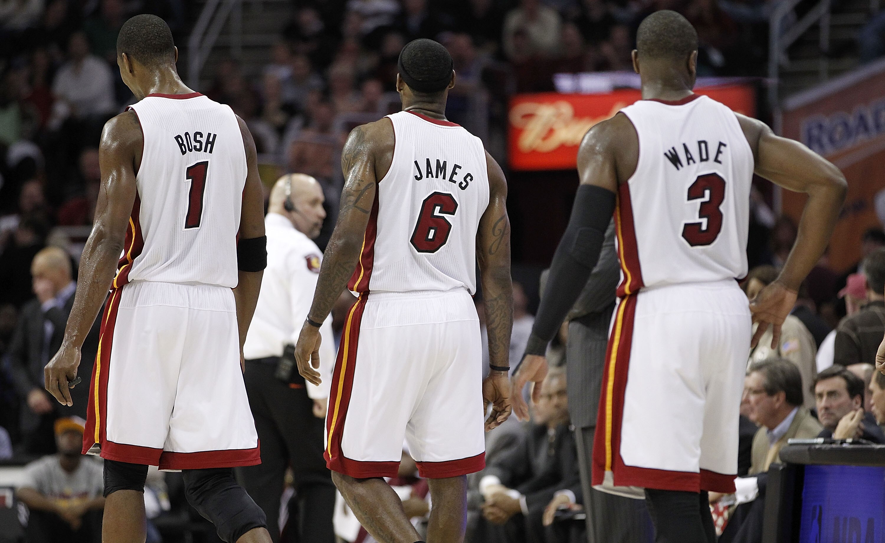 CLEVELAND, OH - DECEMBER 02:  LeBron James #6, Chris Bosh #1 and Dwyane Wade #3 of the Miami Heat walk onto the loor after a timeout while playing the Cleveland Cavaliers at Quicken Loans Arena on December 2, 2010 in Cleveland, Ohio. NOTE TO USER: User ex