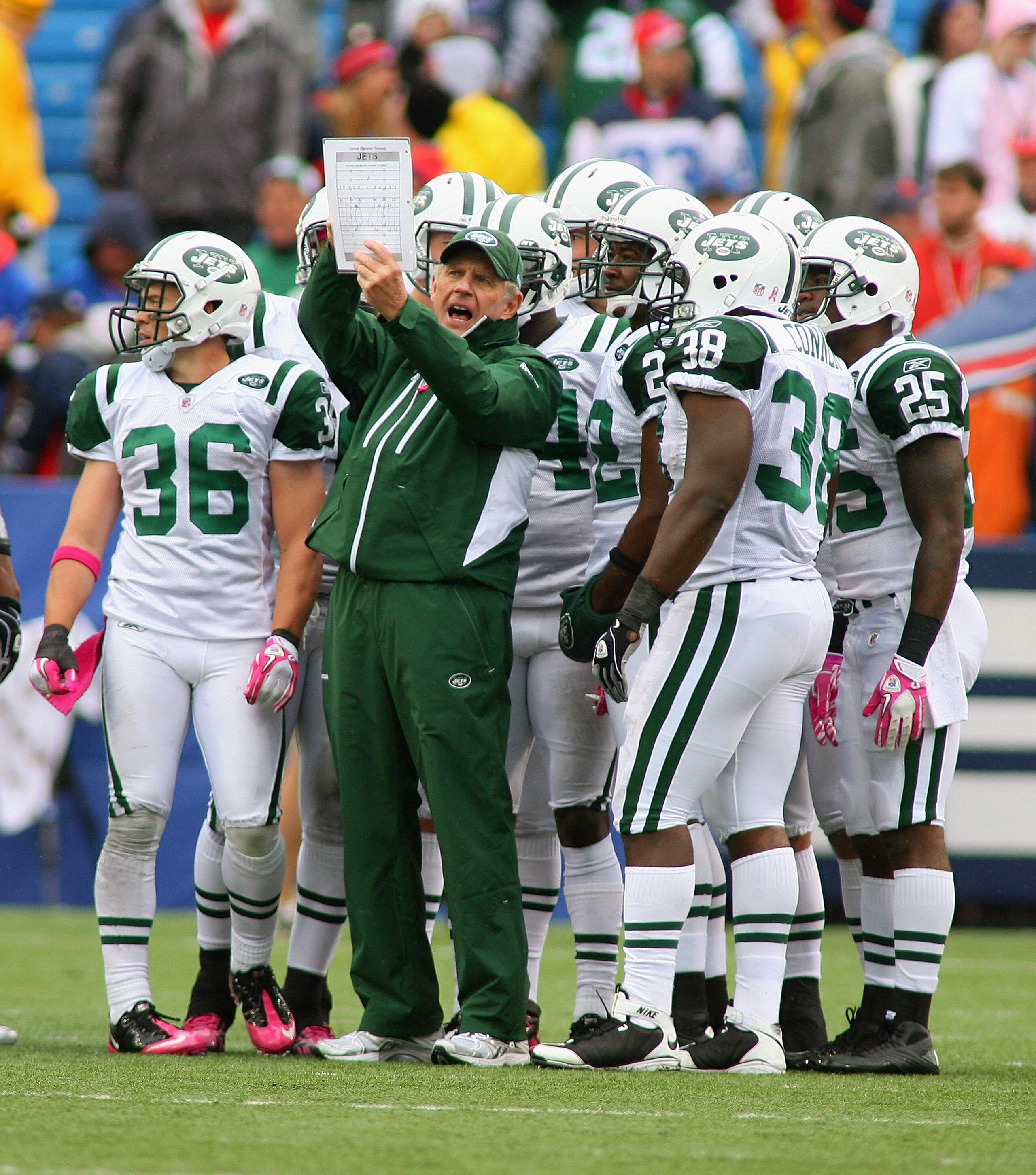 ORCHARD PARK, NY - OCTOBER 03: Mike Westhoff, Special Teams Coordinator of the New York Jets talks to his players during a time out against  the Buffalo Bills at Ralph Wilson Stadium on October 3, 2010 in Orchard Park, New York. The Jets won 38-14. (Photo