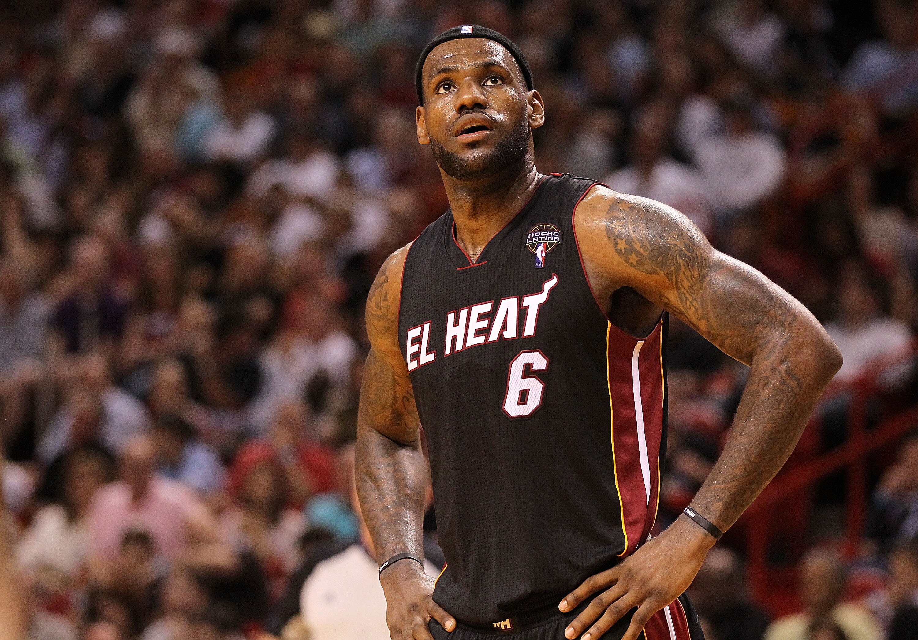 MIAMI, FL - MARCH 06: LeBron James #6 of the Miami Heat looks on during a game against the Chicago Bulls at American Airlines Arena on March 6, 2011 in Miami, Florida. NOTE TO USER: User expressly acknowledges and agrees that, by downloading and/or using