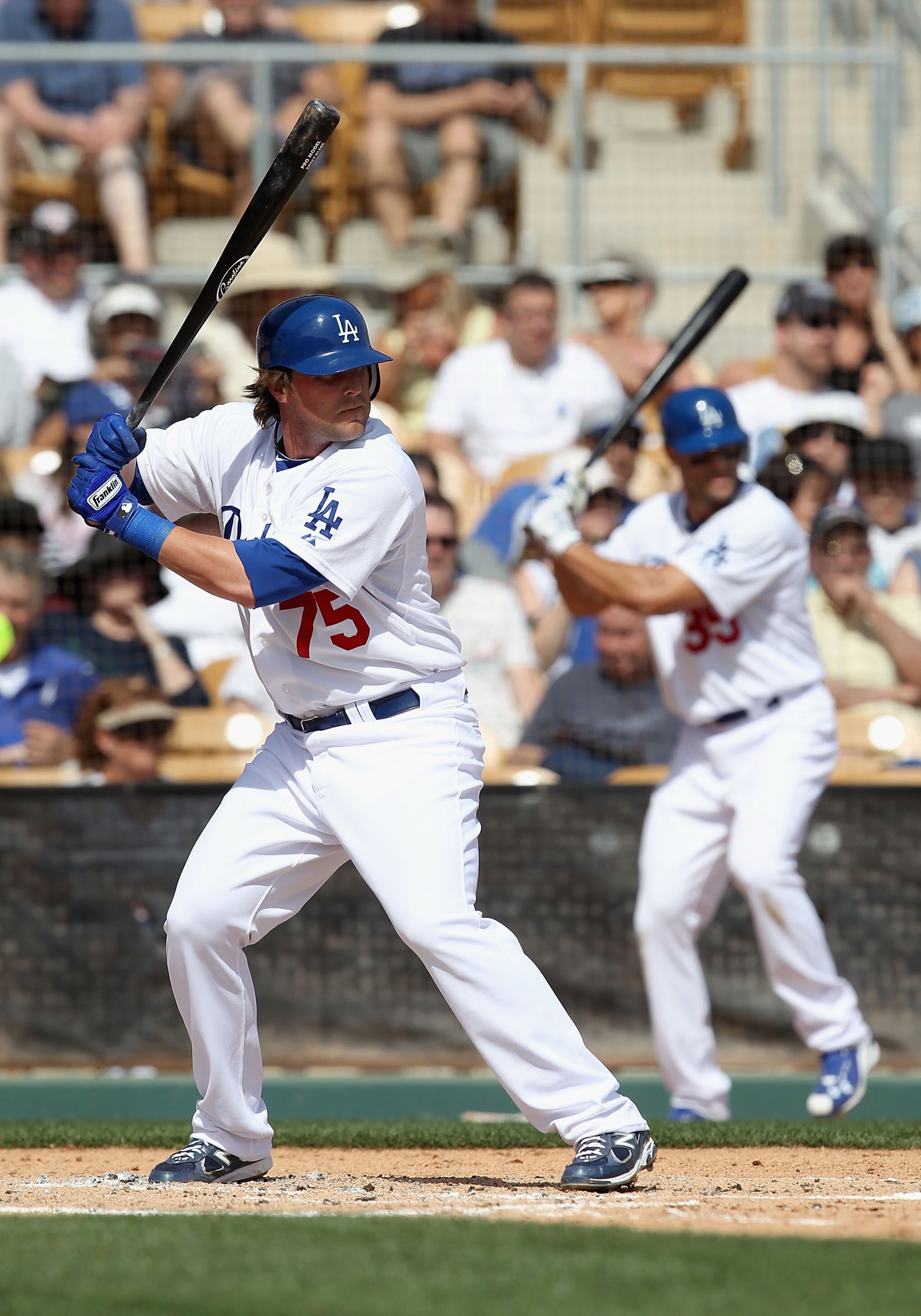 GLENDALE, AZ - MARCH 05:  Russ Mitchell #75 of the Los Angeles Dodgers bats against the Cincinnati Reds during the spring training game at Camelback Ranch on March 5, 2011 in Glendale, Arizona.  (Photo by Christian Petersen/Getty Images)