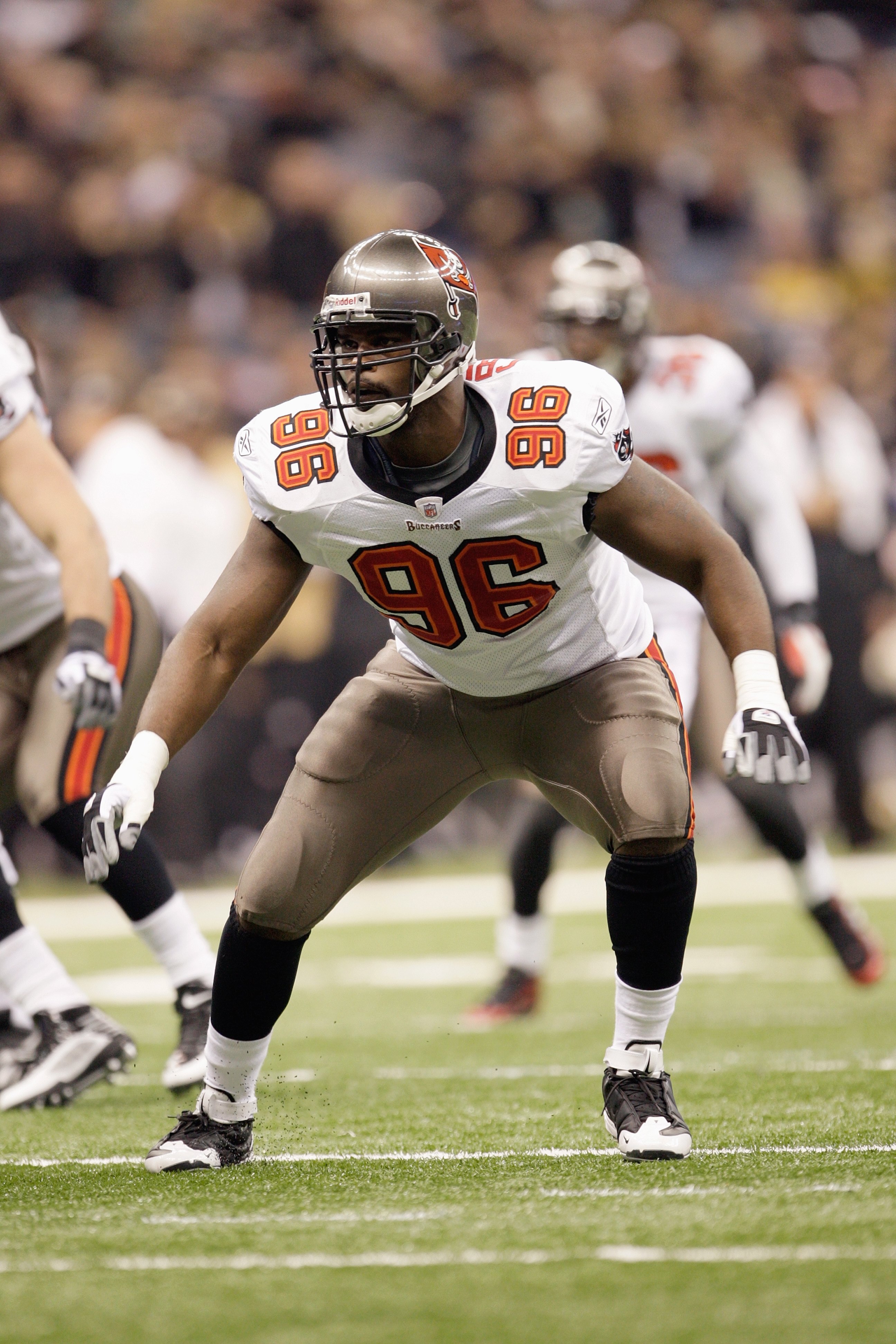 NEW ORLEANS - DECEMBER 27: Tim Crowder #96 of the Tampa Bay Buccaneers moves on the field during the game against the New Orleans Saints at the Louisiana Superdome on December 27, 2009 in New Orleans, Louisiana. (Photo by Jamie Squire/Getty Images)