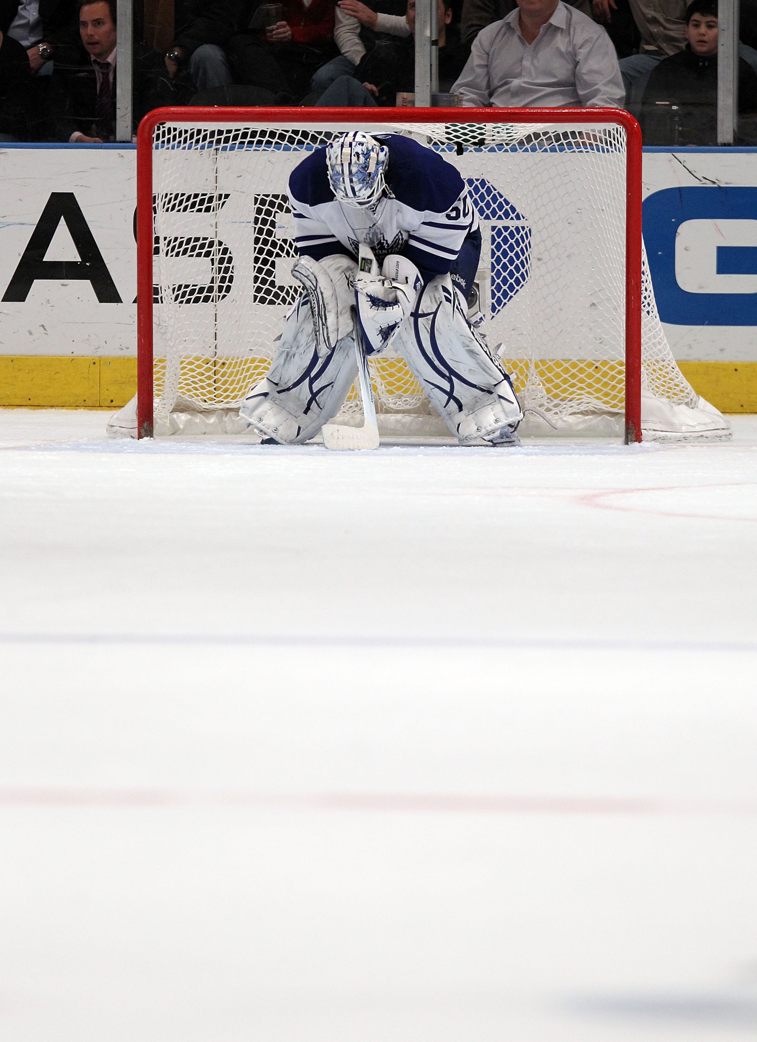 NEW YORK, NY - JANUARY 19: Jonas Gustavsson #50 of the Toronto Maple Leafs takes a break during his 7-0 loss to the New York Rangers at Madison Square Garden on January 19, 2011 in New York City. (Photo by Bruce Bennett/Getty Images)