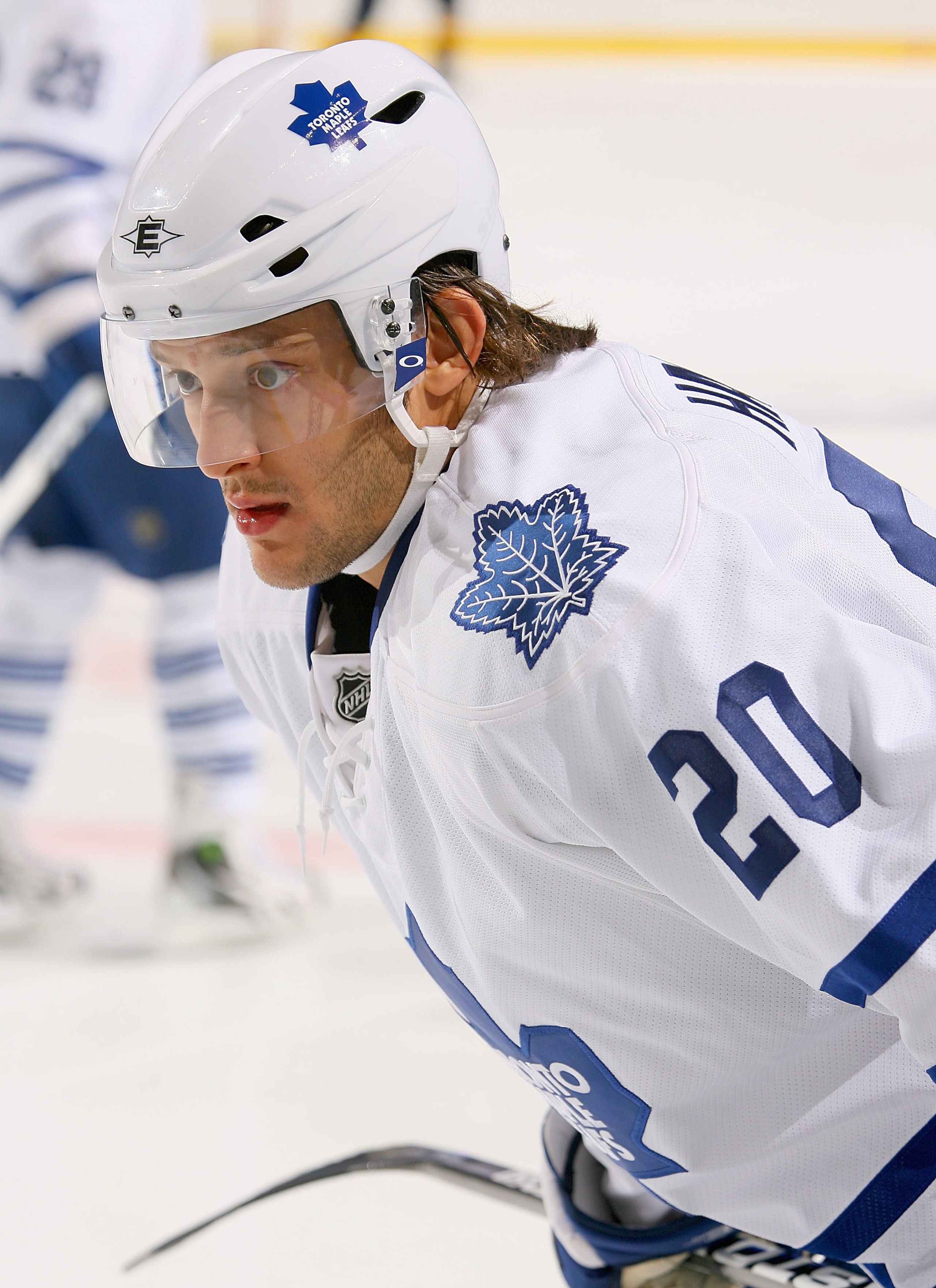 BUFFALO, NY - SEPTEMBER 25: Christian Hanson #20 of the Toronto Maple Leafs stands during warmups prior to play against the Buffalo Sabres  at HSBC Arena on September 25, 2010 in Buffalo, New York.  (Photo by Rick Stewart/Getty Images)