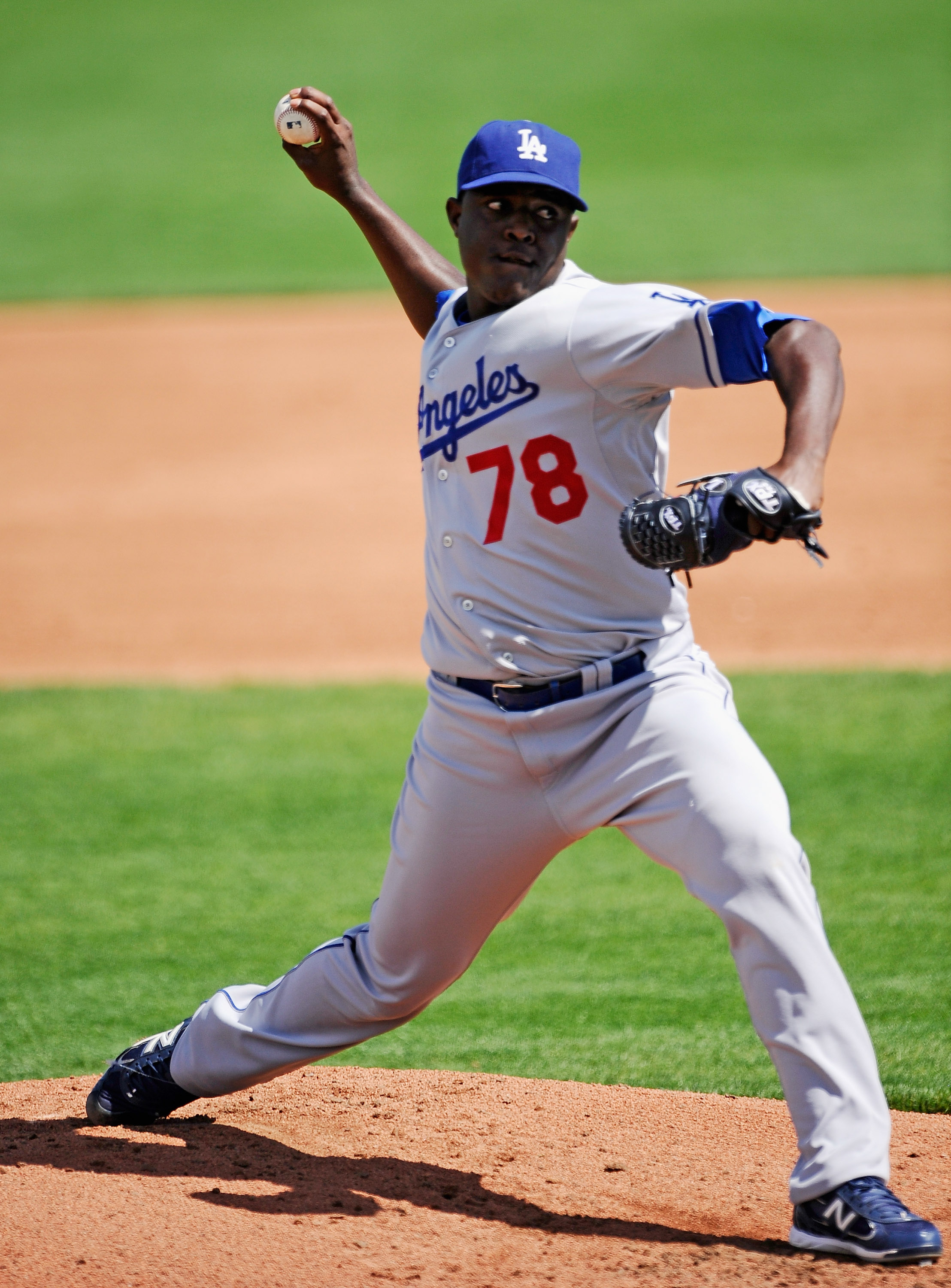 SCOTTSDALE, AZ - MARCH 18:  Pitcher Rubby De La Rosa #78 of the Los Angeles Dodgers throws against the San Francisco Giants during the spring training baseball game at Scottsdale Stadium on March 18, 2011 in Scottsdale, Arizona.  (Photo by Kevork Djansezi