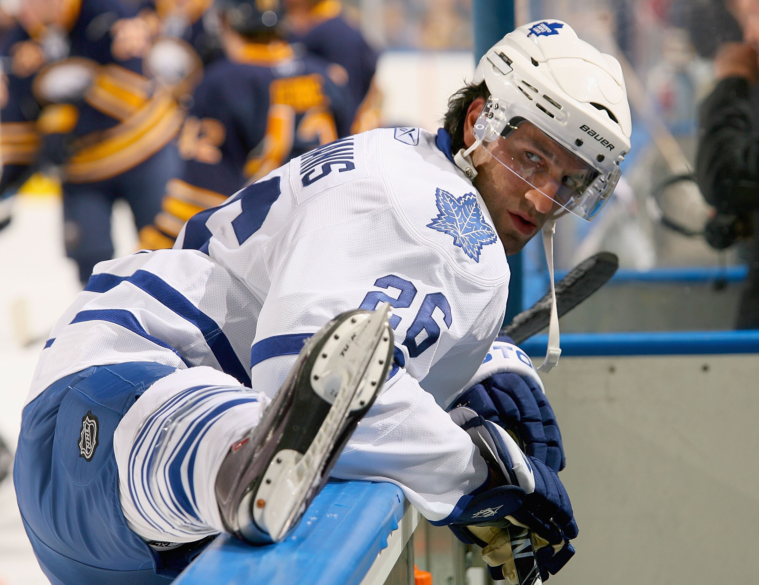 BUFFALO, NY - SEPTEMBER 25: Mike Zigomanis #26 of the Toronto Maple Leafs streches during the pre-game skate prior to playing the Buffalo Sabres  at HSBC Arena on September 25, 2010 in Buffalo, New York.  (Photo by Rick Stewart/Getty Images)