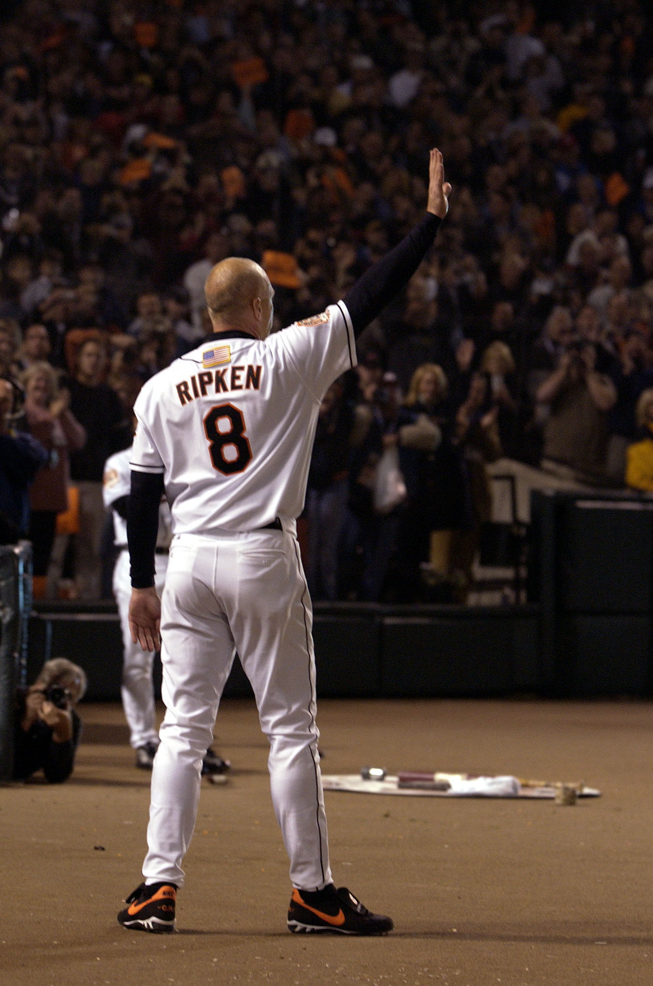 06 Oct 2001:  Cal Ripken Jr. #8 of the Baltimore Orioles makes a curtain call after his last at-bat in the eighth inning of the last game of his career at Camden Yards in Baltimore, Maryland. The Red Sox beat the Orioles 5-1. <DIGITAL IMAGE>    Mandatory 