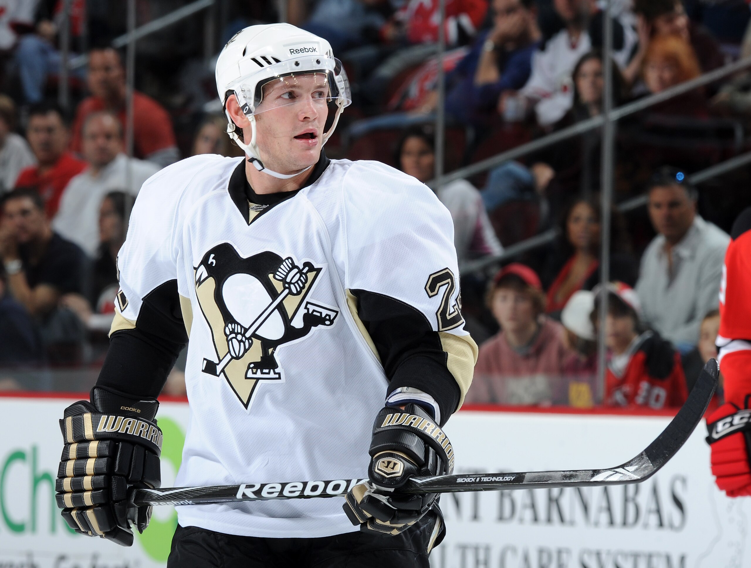 NEWARK, NJ - OCTOBER 11: Matt Cooke #24 of the Pittsburgh Penguins waits for a face off during the second period against the New Jersey Devils at the Prudential Center on October 11, 2010 in Newark, New Jersey. The Penguins defeated the Devils 3-1. (Photo