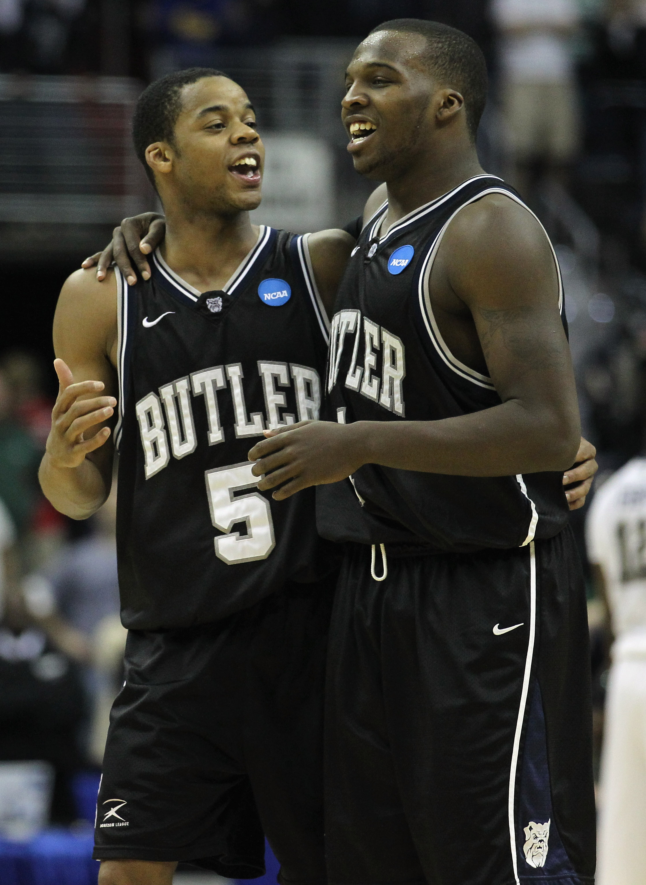 WASHINGTON - MARCH 19:  Ronald Nored #5 of Butler University celebrates with teammate Shelvin Mack #1 following their game against Pittsburgh in the third round of the 2011 NCAA men's basketball tournament at Verizon Center on March 19, 2011 in Washington