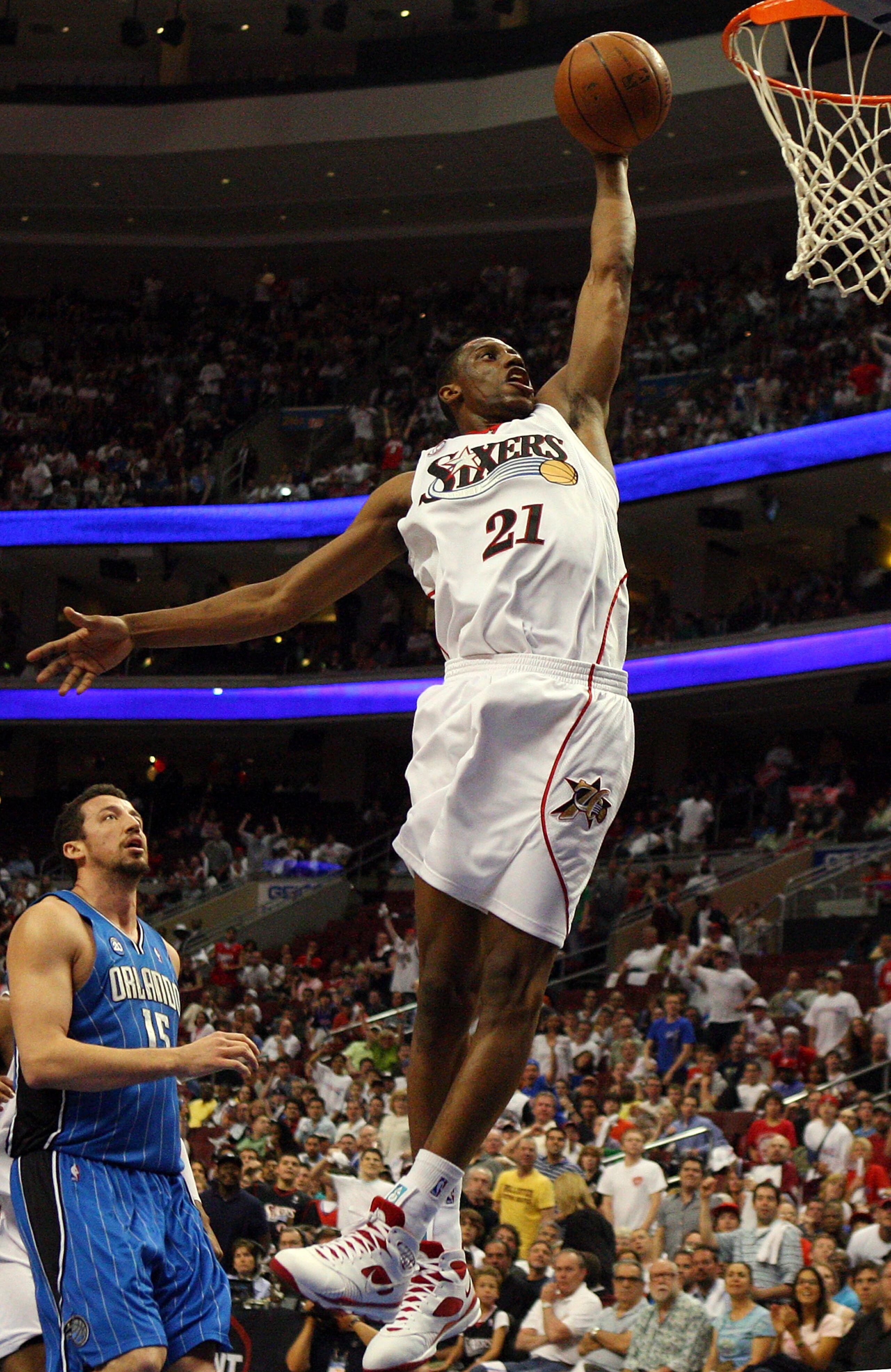 PHILADELPHIA - APRIL 26:  Thaddeus Young #21 of the Philadelphia 76ers goes to the hoop against the Orlando Magic during Game Four of the Eastern Conference Quarterfinals during the 2009 NBA Playoffs at the Wachovia Center on April 26, 2009 in Philadelphi