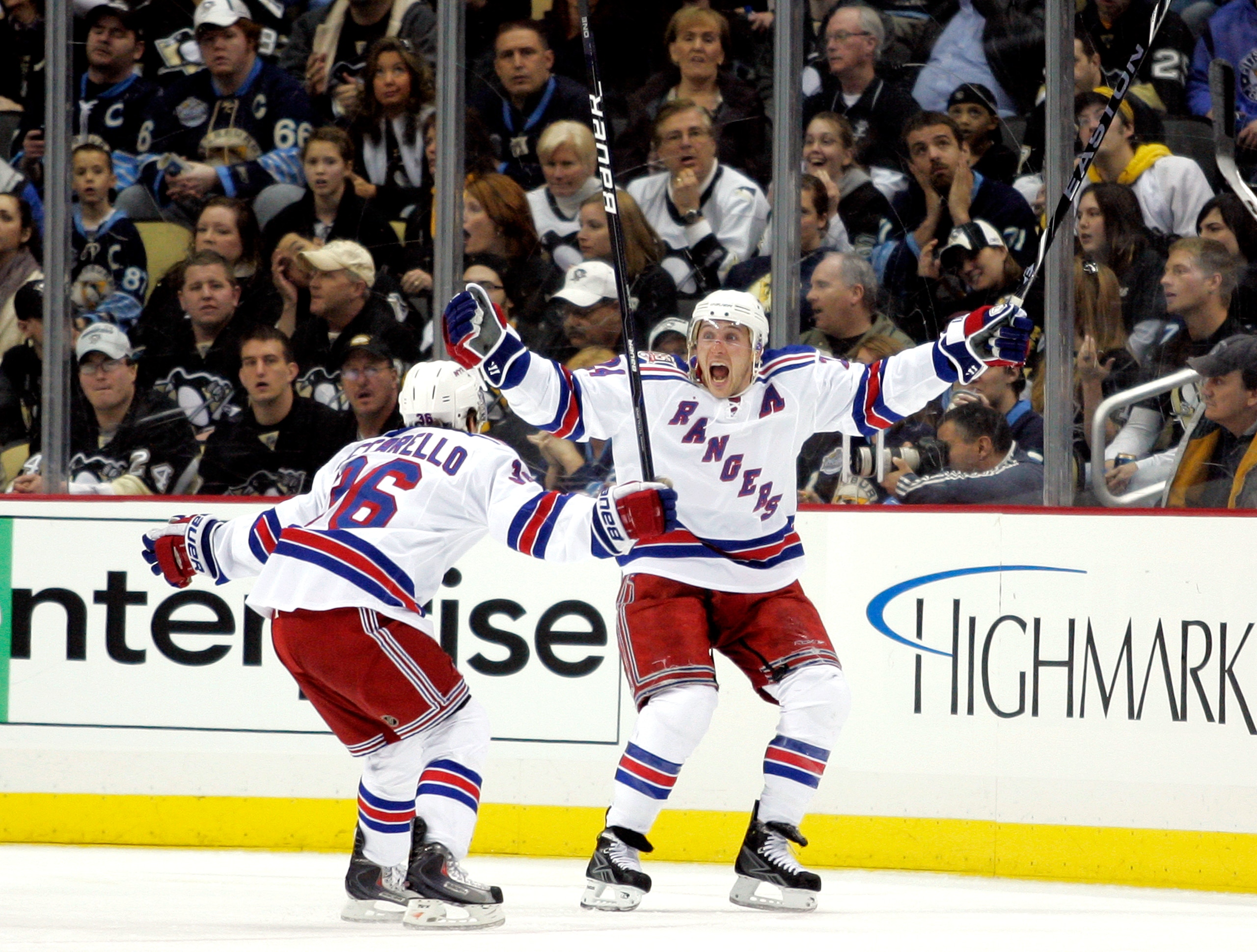 PITTSBURGH, PA - MARCH 20:  Ryan Callahan #24 of the New York Rangers celebrates his game winning goal against the Pittsburgh Penguins at Consol Energy Center on March 20, 2011 in Pittsburgh, Pennsylvania.  The Rangers defeated the Penguins 5-2.  (Photo b