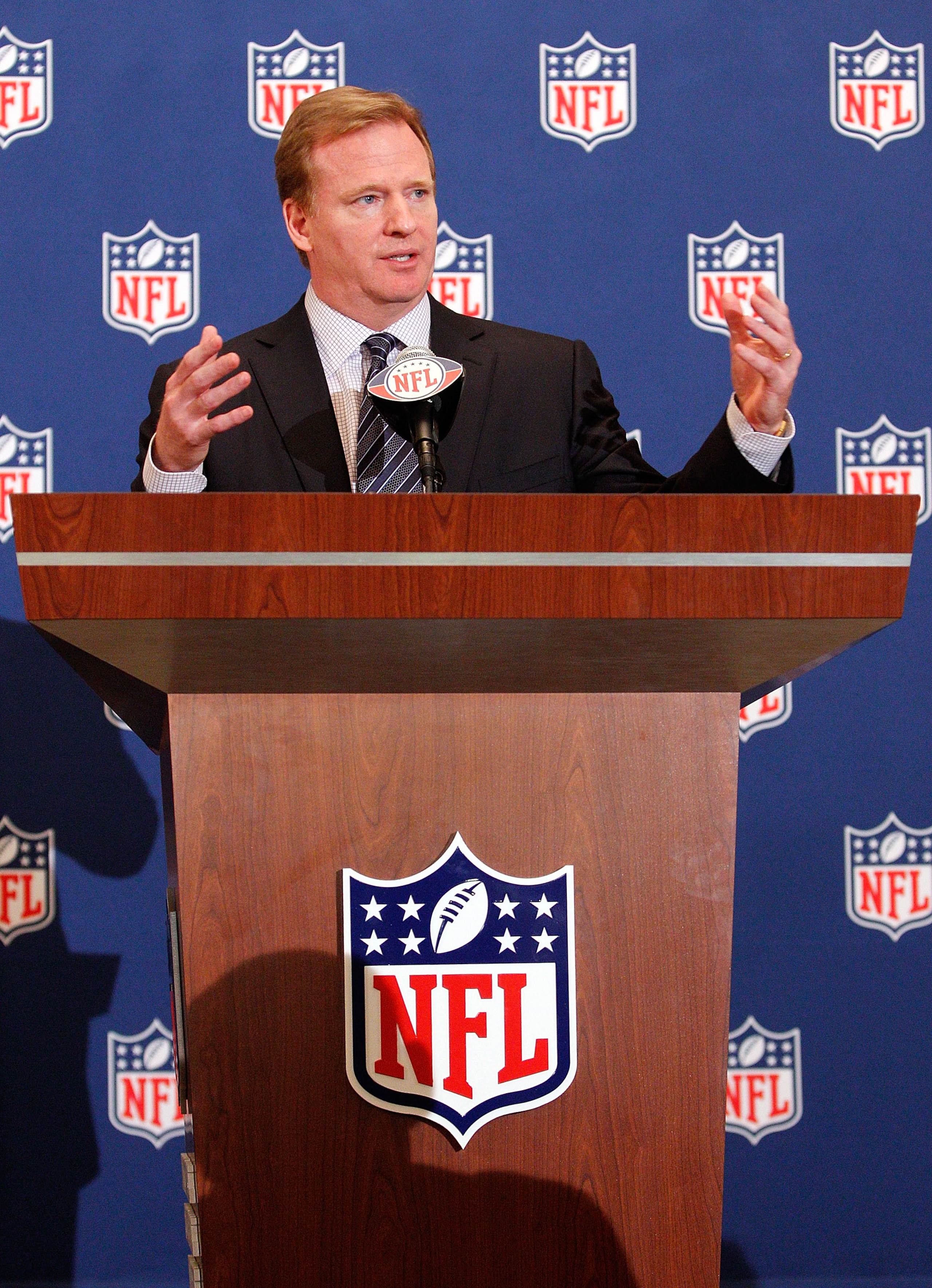 NEW ORLEANS, LA - MARCH 21: NFL commissioner Roger Goodell addresses the media during the NFL Annual Meetings at the Roosevelt Hotel on March 21, 2011 in New Orleans, Louisiana. Despite a NFL owners imposed lockout in effect since March 12 the league is c