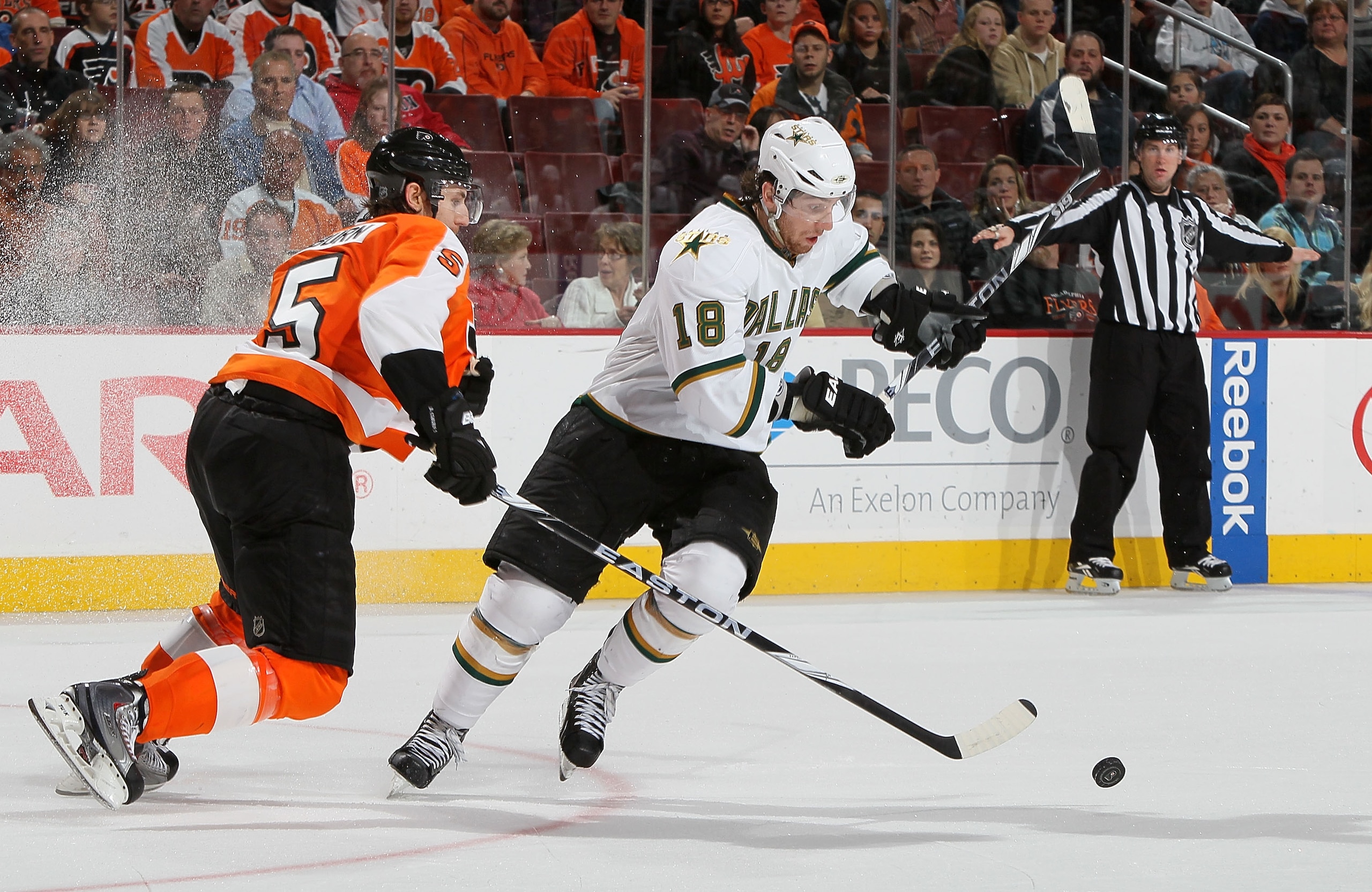 PHILADELPHIA, PA - FEBRUARY 05:  James Neal #18 of the Dallas Stars makes a move against Braydon Coburn #5 of the Philadelphia Flyers on February 5, 2011 at Wells Fargo Center in Philadelphia, Pennsylvania. The Flyers defeated the Stars 3-1.  (Photo by Ji