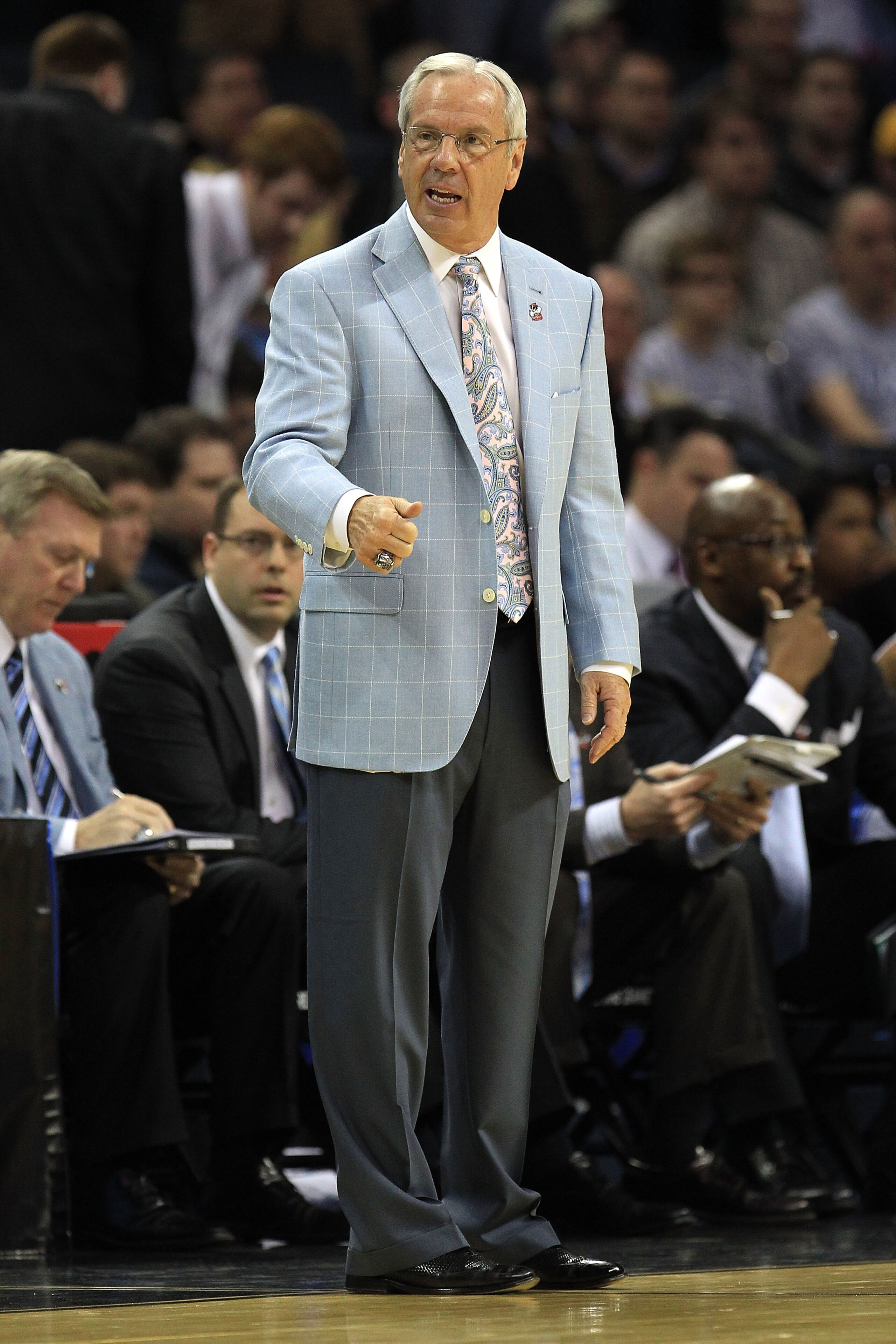 CHARLOTTE, NC - MARCH 20:  Head coach Roy Williams of the North Carolina Tar Heels looks on while taking on the Washington Huskies during the third round of the 2011 NCAA men's basketball tournament at Time Warner Cable Arena on March 20, 2011 in Charlott