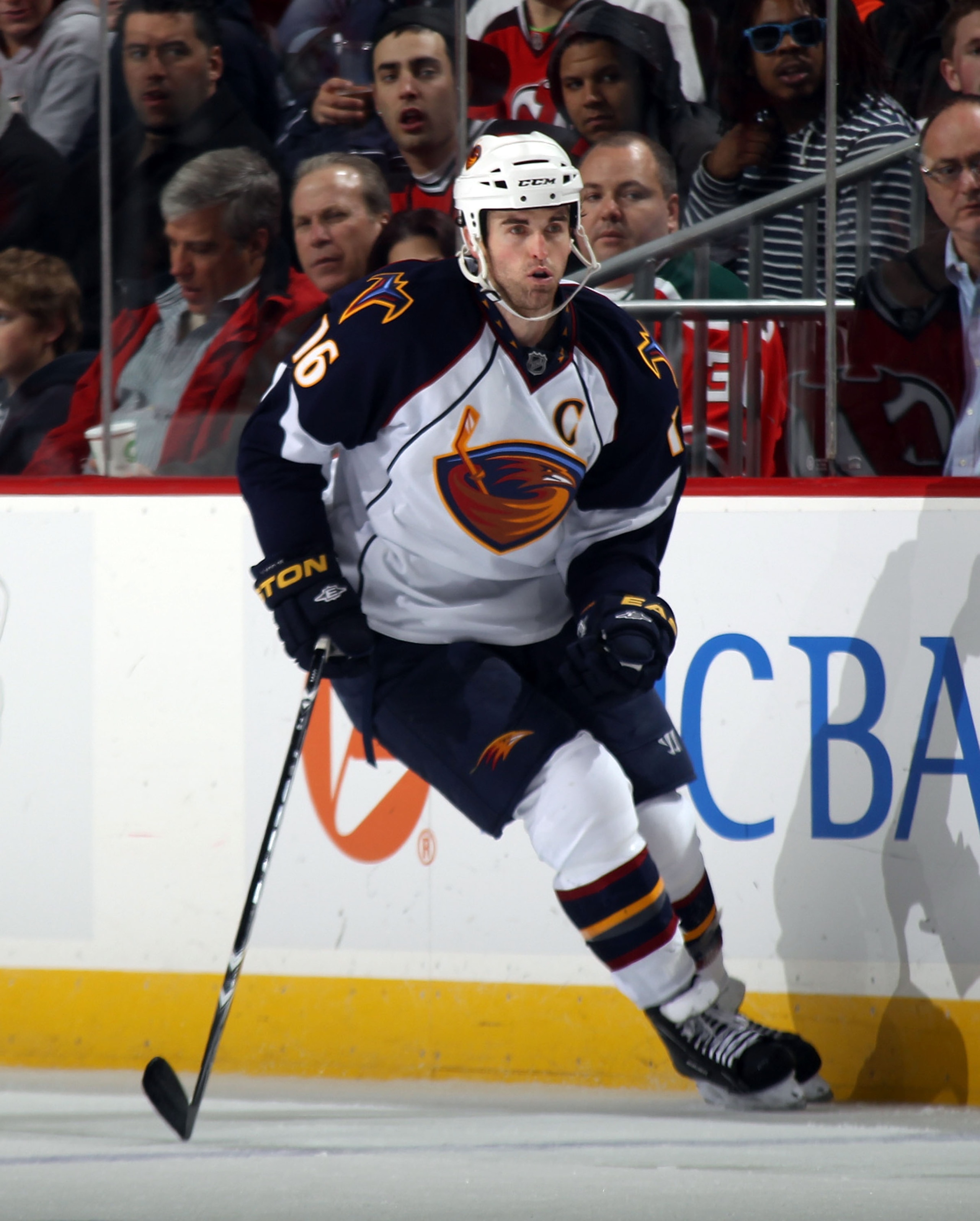 NEWARK, NJ - MARCH 15:  Andrew Ladd #16 of the Atlanta Thrashers skates against the New Jersey Devils at the Prudential Center on March 15, 2011 in Newark, New Jersey. The Devils defeated the Thrashers 4-2.  (Photo by Bruce Bennett/Getty Images)