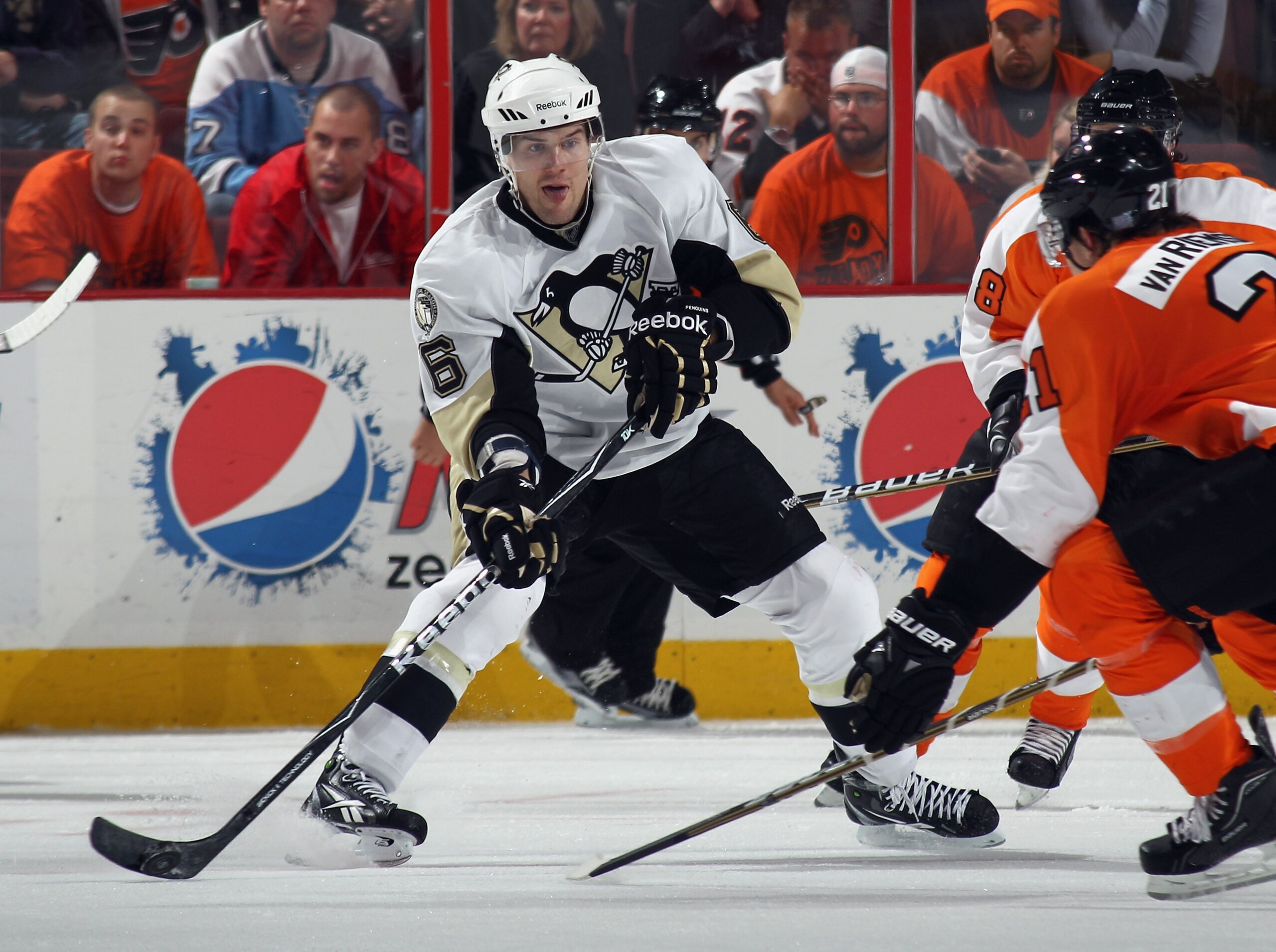 PHILADELPHIA - OCTOBER 16: Ben Lovejoy #6 of the Pittsburgh Penguins skates against the Philadelphia Flyers at the Wells Fargo Center on October 16, 2010 in Philadelphia, Pennsylvania.  (Photo by Bruce Bennett/Getty Images)