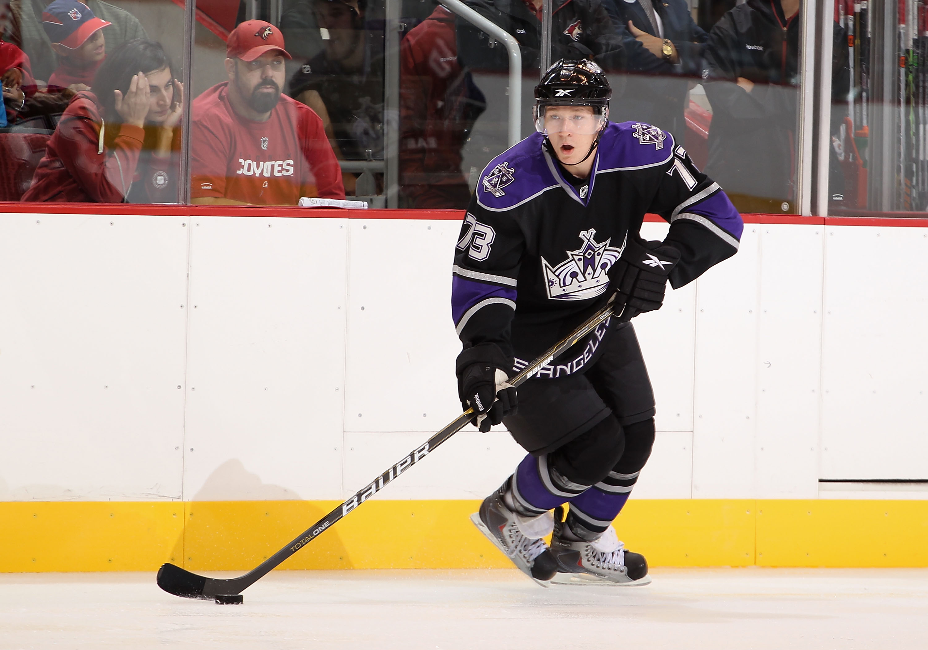 GLENDALE, AZ - SEPTEMBER 14: Tyler Toffoli #73 of the Los Angeles Kings skates with the puck during the NHL Rookie game against the Phoenix Coyotes at Jobing.com Arena on September 14, 2010 in Glendale, Arizona. (Photo by Christian Petersen/Getty Images