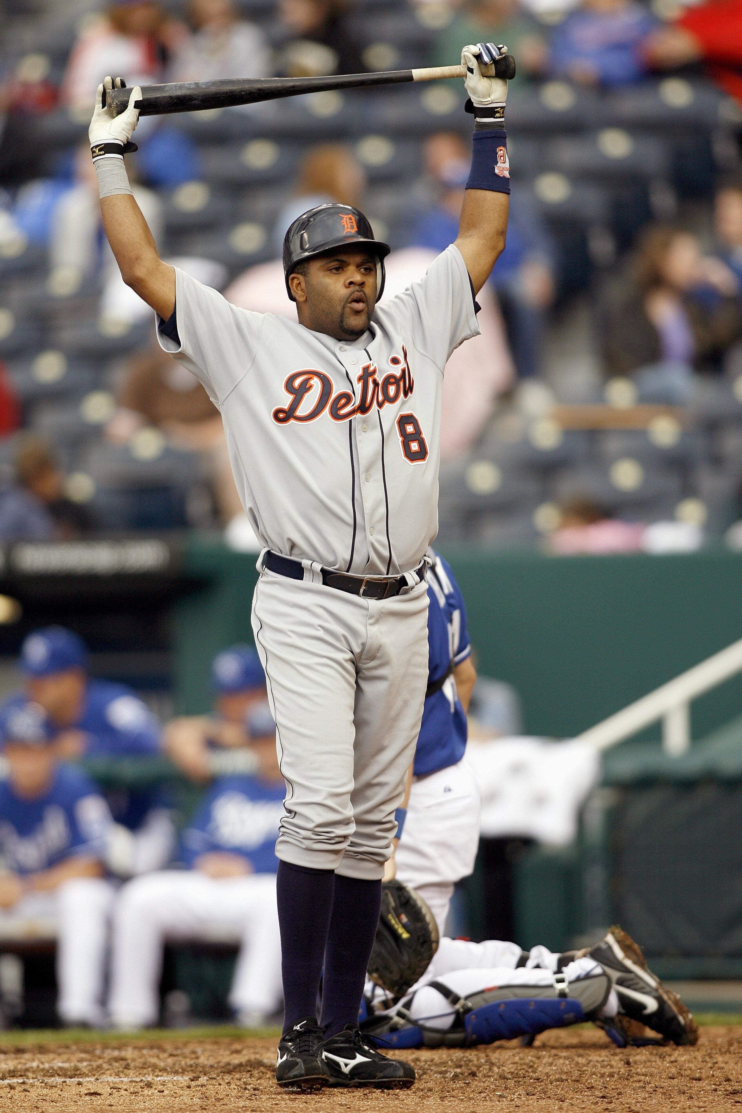 KANSAS CITY, MO - MAY 6: Neifi Perez #8 of the Detroit Tigers reacts to the pitch against the Kansas City Royals on May 6, 2007 at Kauffman Stadium in Kansas City, Missouri.  (Photo by G. Newman Lowrance/Getty Images)