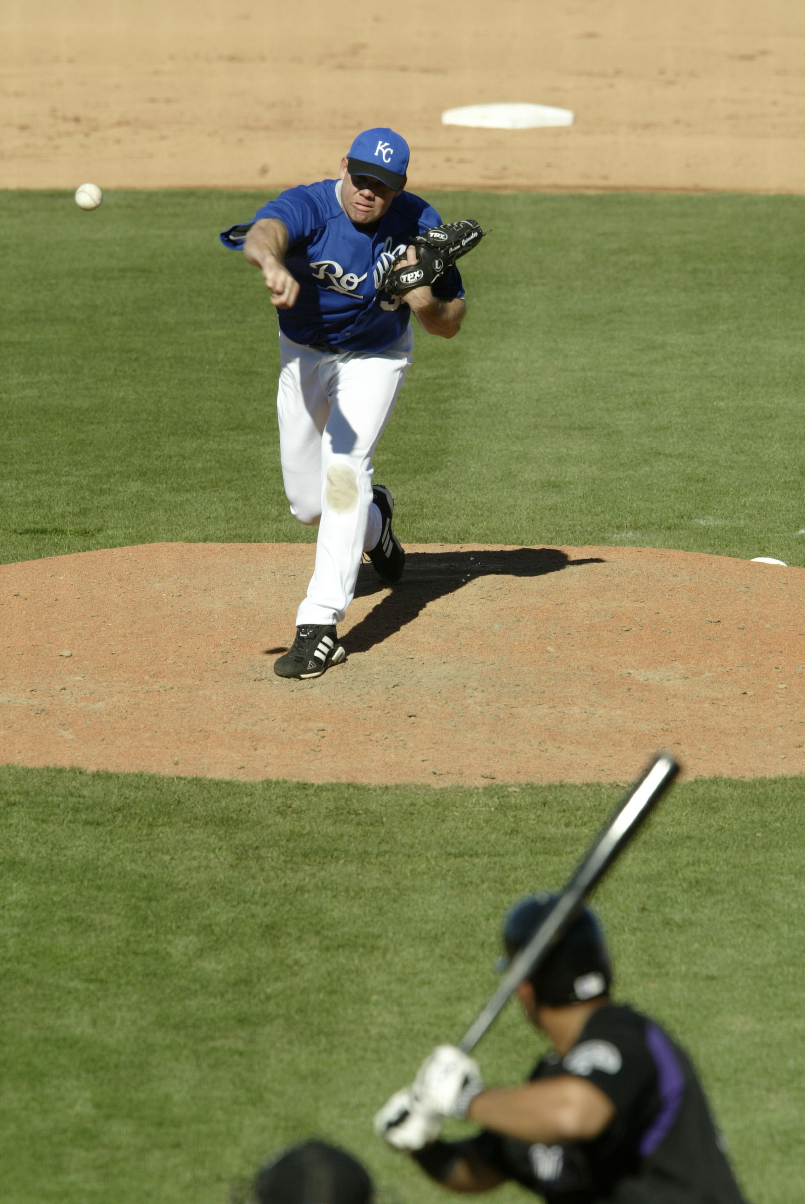 SURPRISE, AZ - MARCH 7:  Jason Grimsley #38 of the Kansas City Royals pitches  during the game against the Colorado Rockies on March 7, 2004 at Surprise Stadium in Surprise, Arizona.  The Rockies won 4-1.  (Photo by Brian Bahr/Getty Images)
