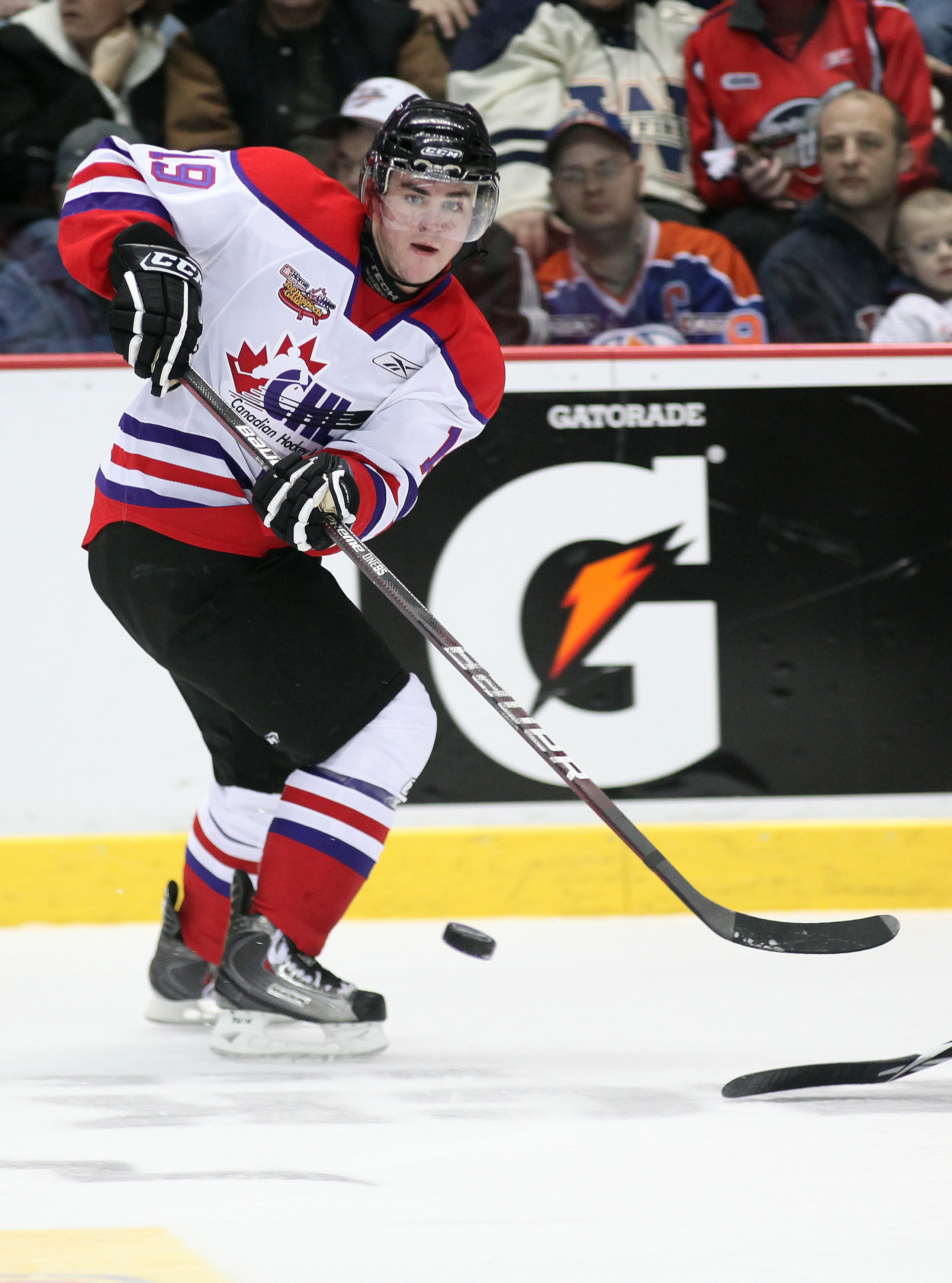 WINDSOR, ON - JANUARY 20:  Joey Hishon #19 of Team Orr fires a pass during the Home Hardware CHL/NHL Top Prospects game against Team Cherry on January 20, 2010 at the WFCU Centre in Windsor, Ontario. Team Cherry defeated Team Orr 4-2. (Photo by Claus Ande