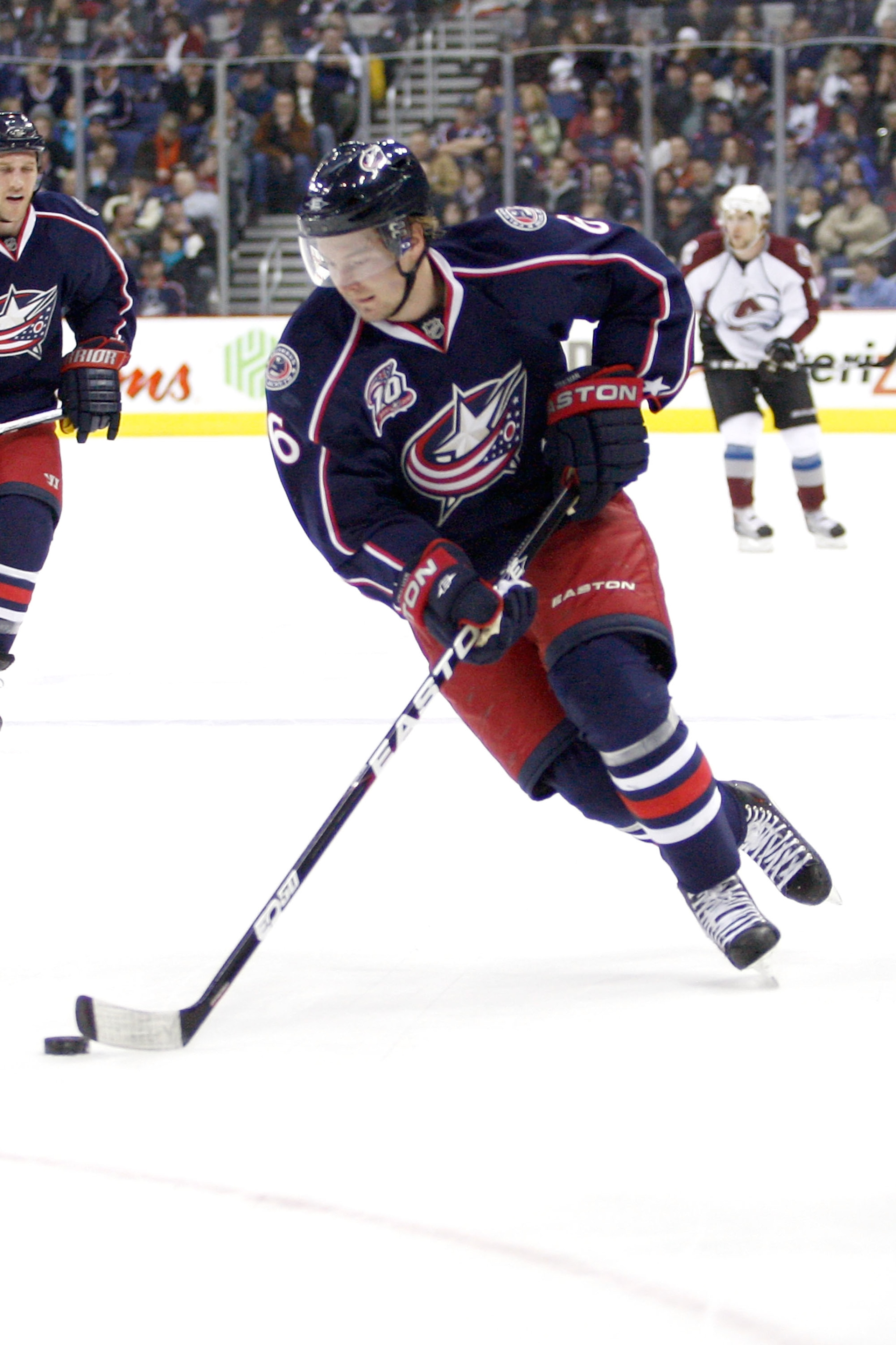 COLUMBUS, OH - FEBRUARY 11:  Anton Stralman #6 of the Columbus Blue Jackets skates with the puck during a game against the Colorado Avalanche on February 11, 2011 at Nationwide Arena in Columbus, Ohio. (Photo by John Grieshop/Getty Images)