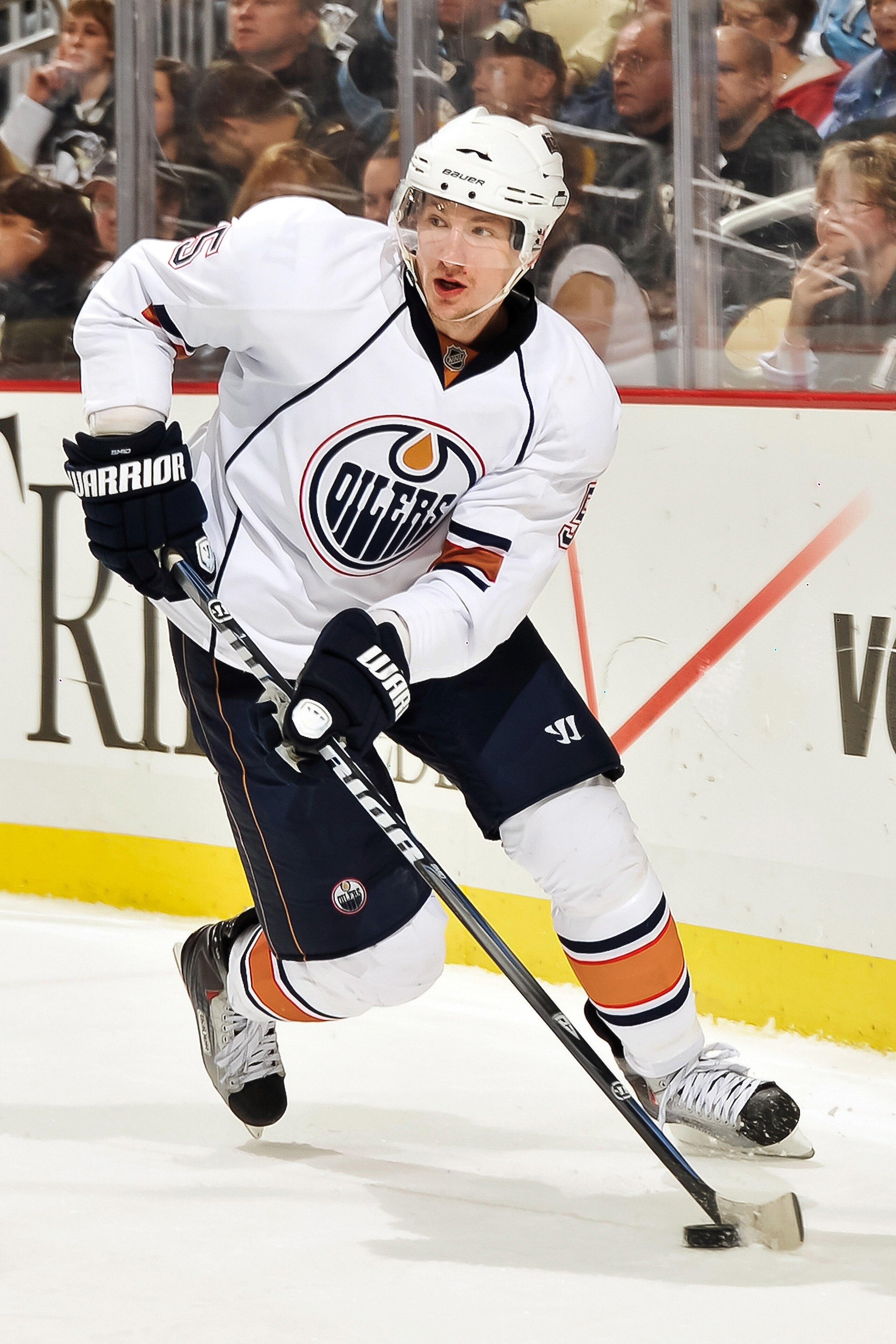 PITTSBURGH, PA - MARCH 13:  Ladislav Smid #5 of the Edmonton Oilers skates with the puck against the Pittsburgh Penguins on March 13, 2011 at CONSOL Energy Center in Pittsburgh, Pennsylvania.  (Photo by Jamie Sabau/Getty Images)